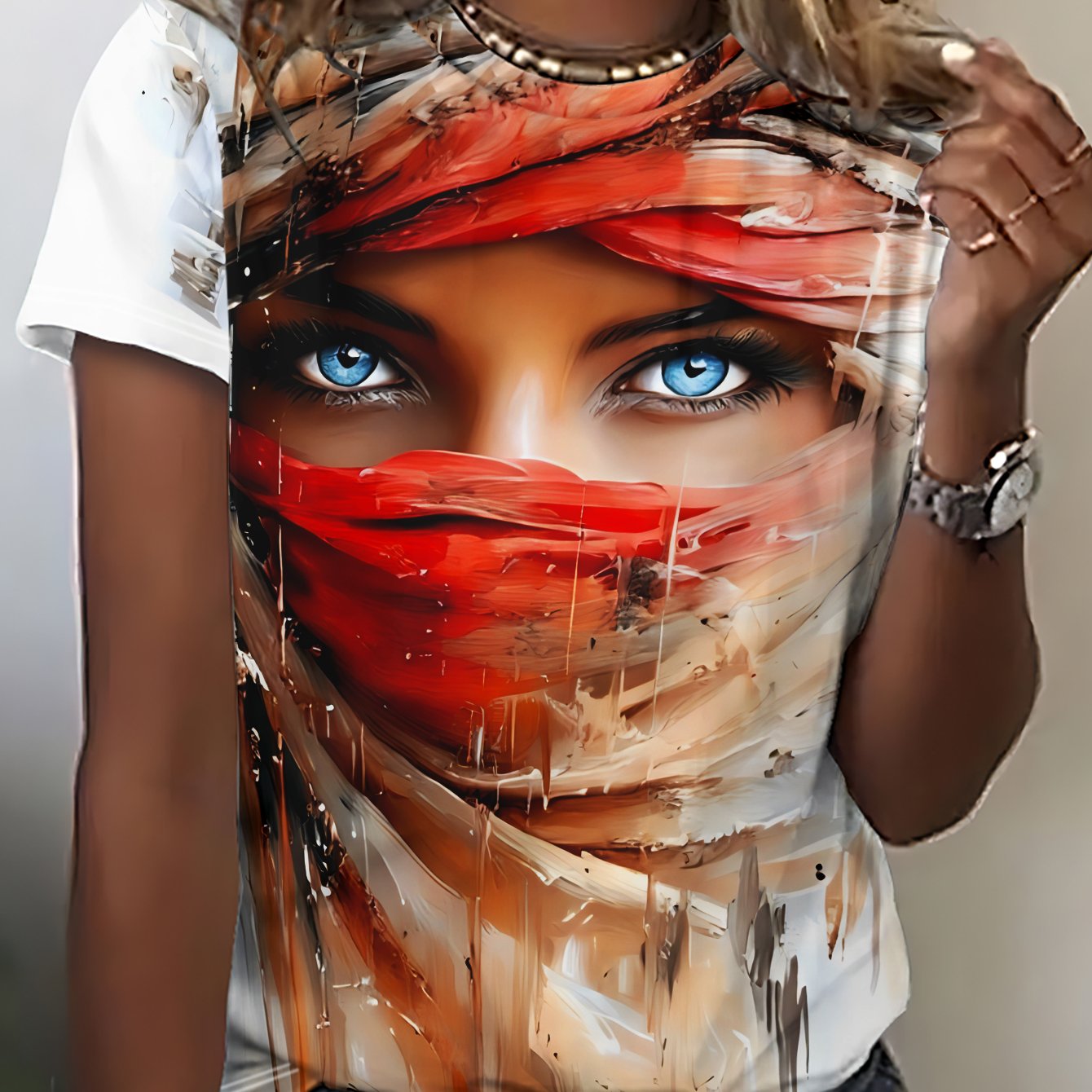 TEMU Summer Women's Short-sleeve T-shirt, Woman With Red Scarf And Light Brown Headscarf, Ink- Print, Polyester Fiber, Machine-washable Women's Top,