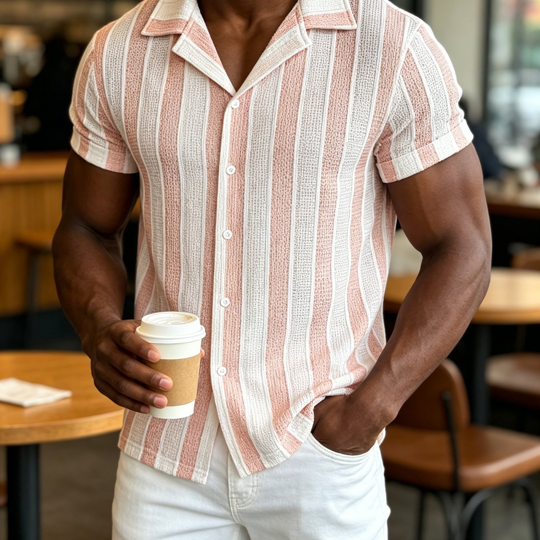 TEMU Hthmrn Men's Striped Crochet Knit Shirt - Short Sleeve Button- Camp Collar Button Suitable For Beach Vacation, Casual Daily Wear, Machine