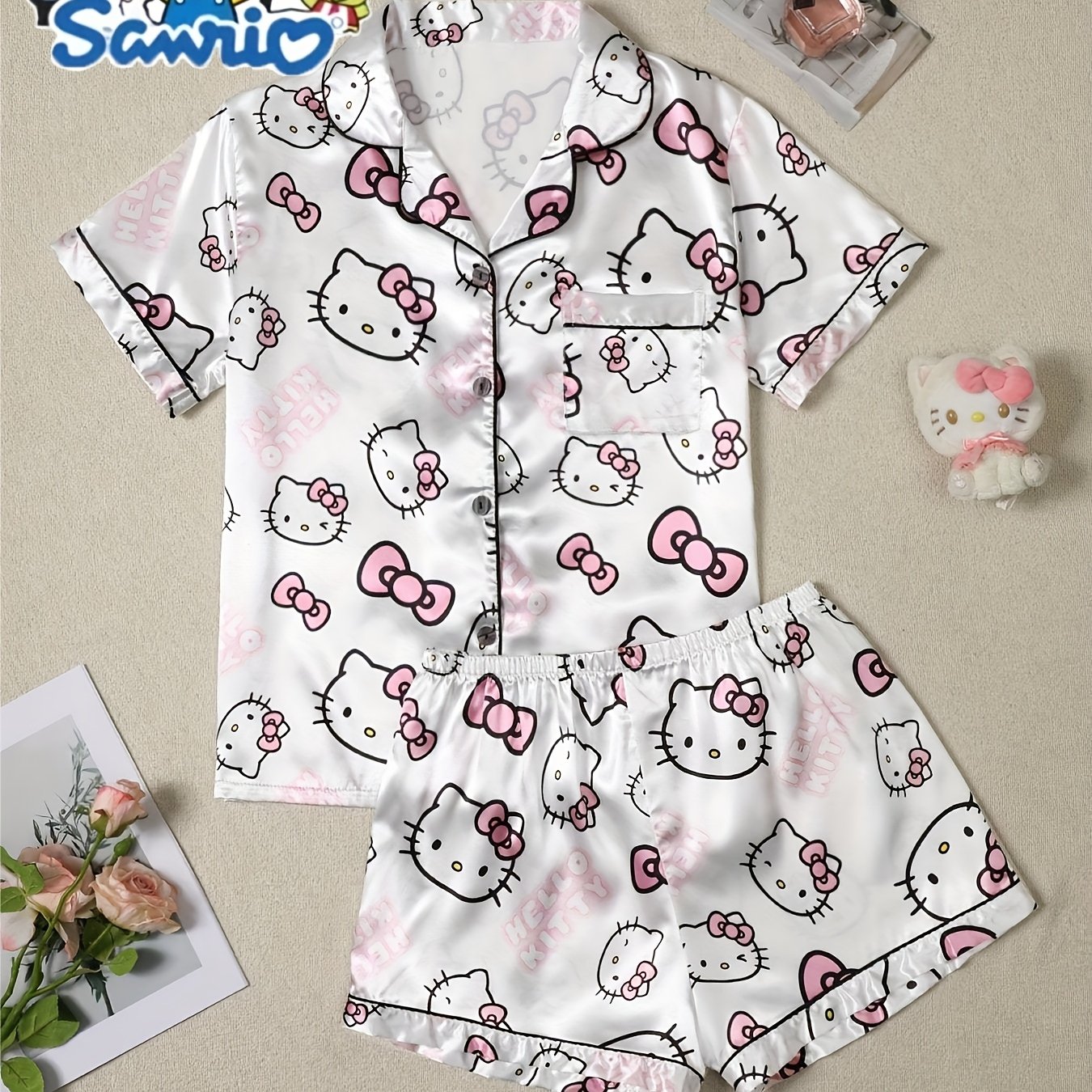 Hello Kitty Women's Pajamas, Short Sleeve Top And Shorts With Cartoon Print, Comfortable And