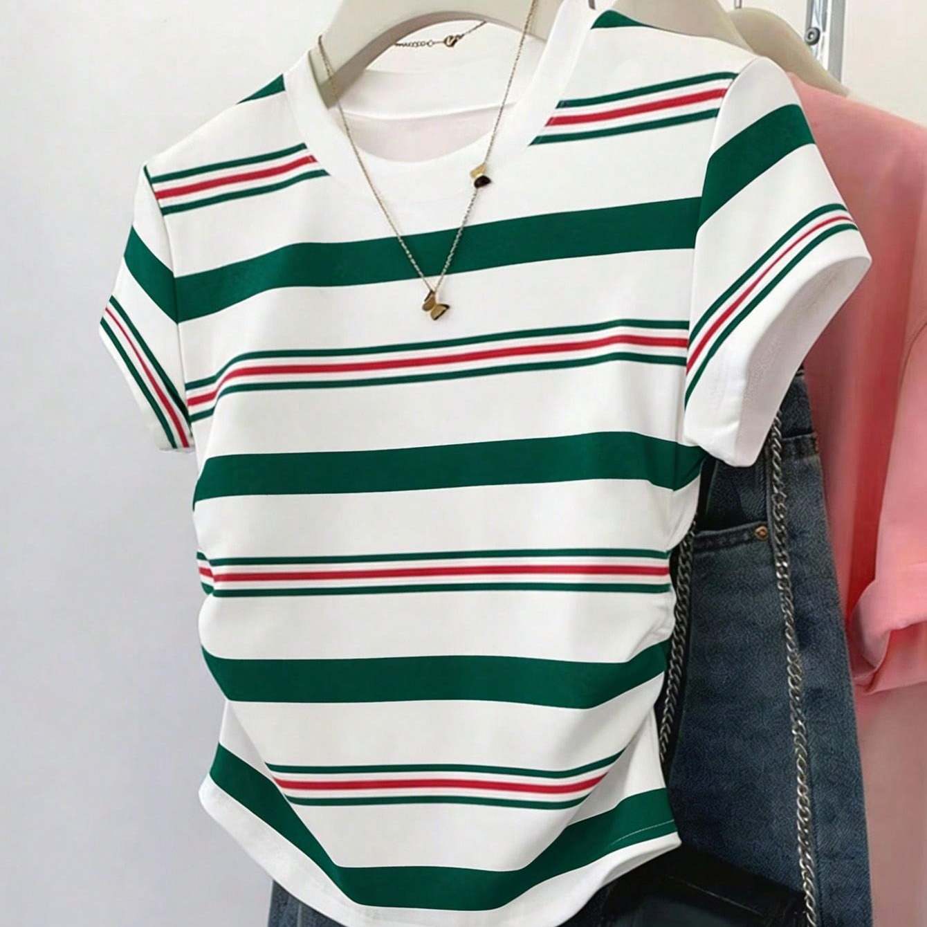 TEMU Retro Color Block Striped T-shirt Women's Straight Shoulder Slim Fit Curved Hem Hot Short-sleeved Base Shirt