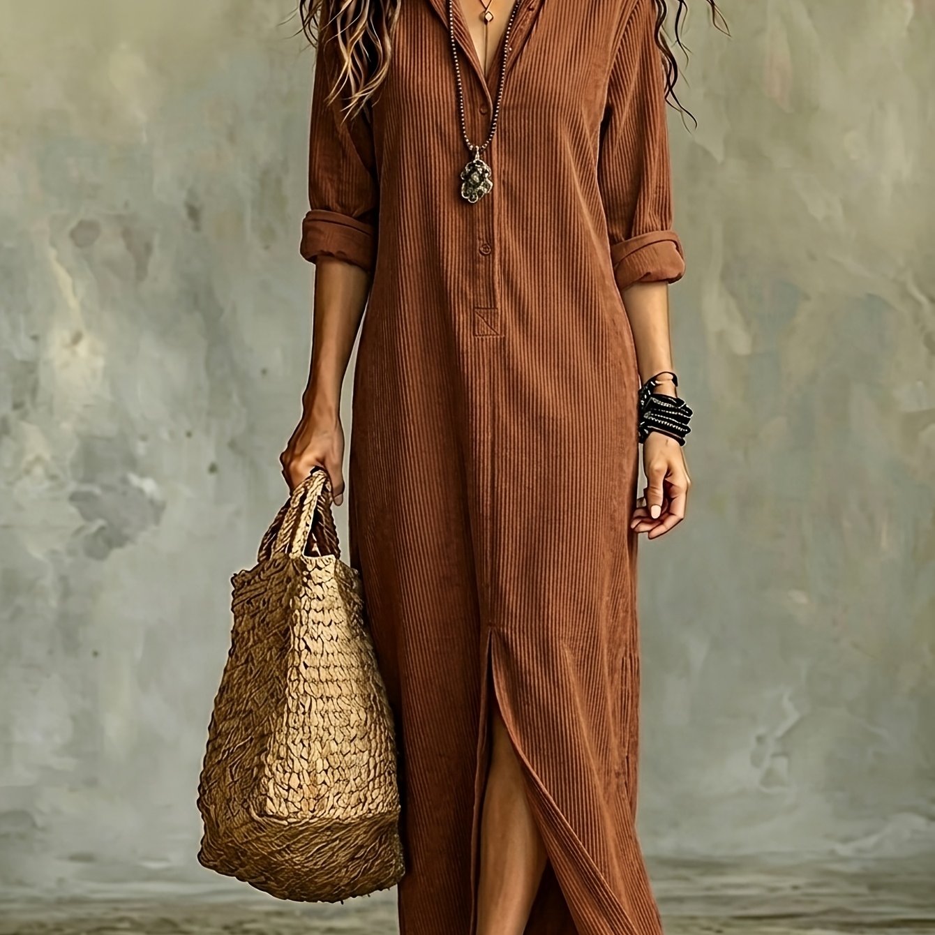 TEMU Vestido camisero de para mujer de otoño/invierno, vestido largo de corte con cuello de solapa semiabierto y ajuste holgado, vestido casual
