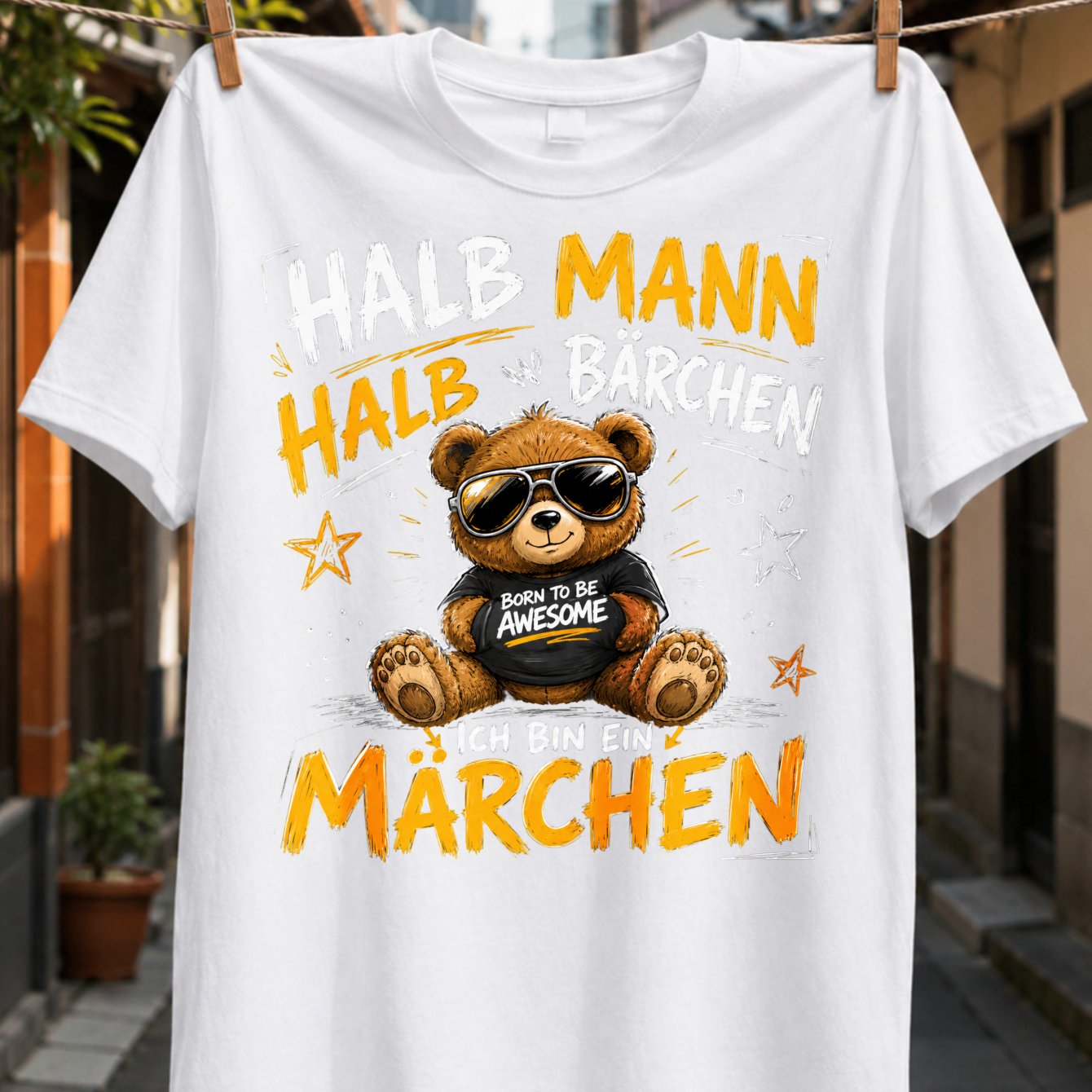 Image of Seated Teddy Halb Mann Halb Barchen German Quote Stars And Orange Brush Lettering Unisex All T-shirt