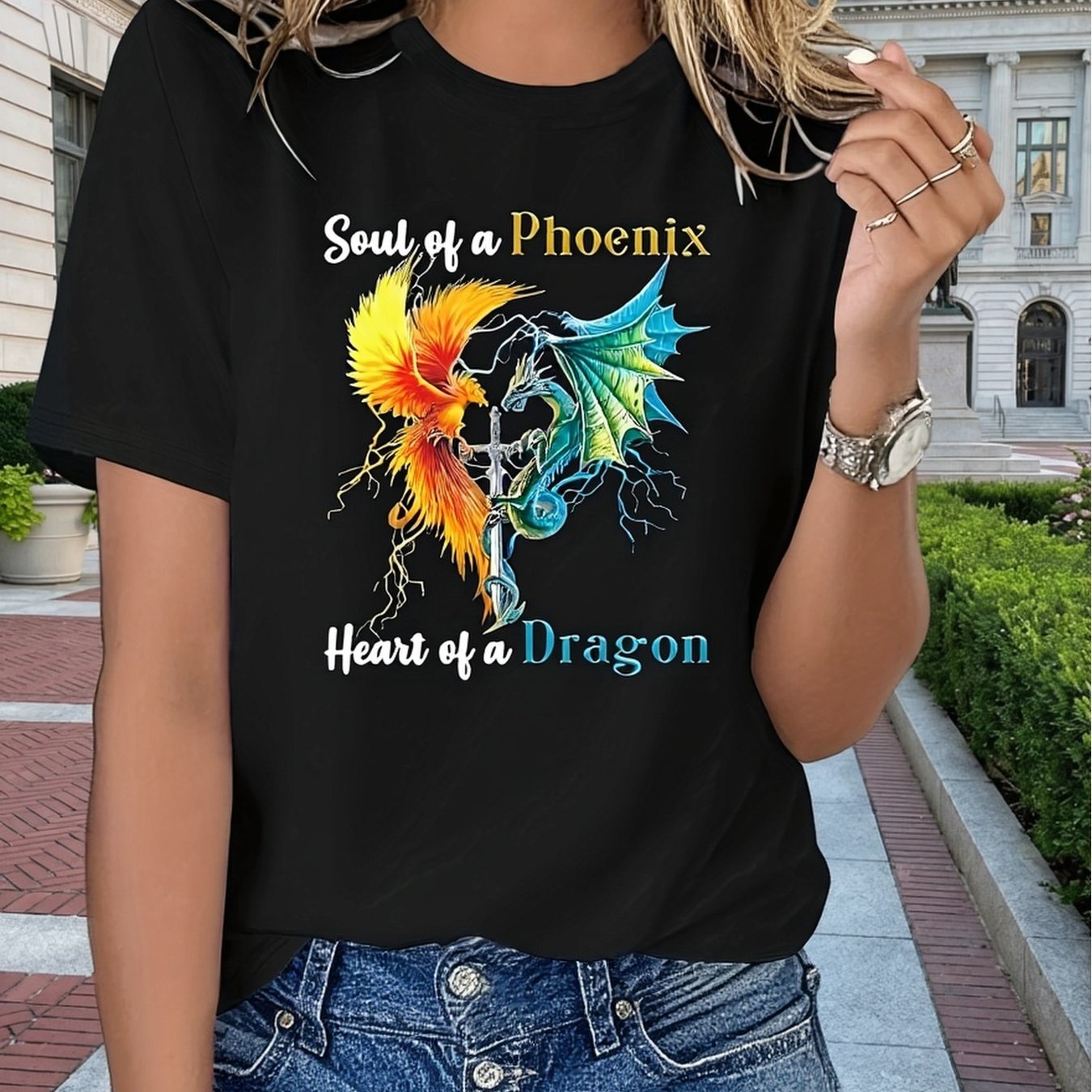 TEMU Plus Size-women's Chinese Cultural Soul Of A Phoenix Heart Of A Dragon Print Short Sleeve Crew Neck Top Stretchy Casual Suitable For Yearround