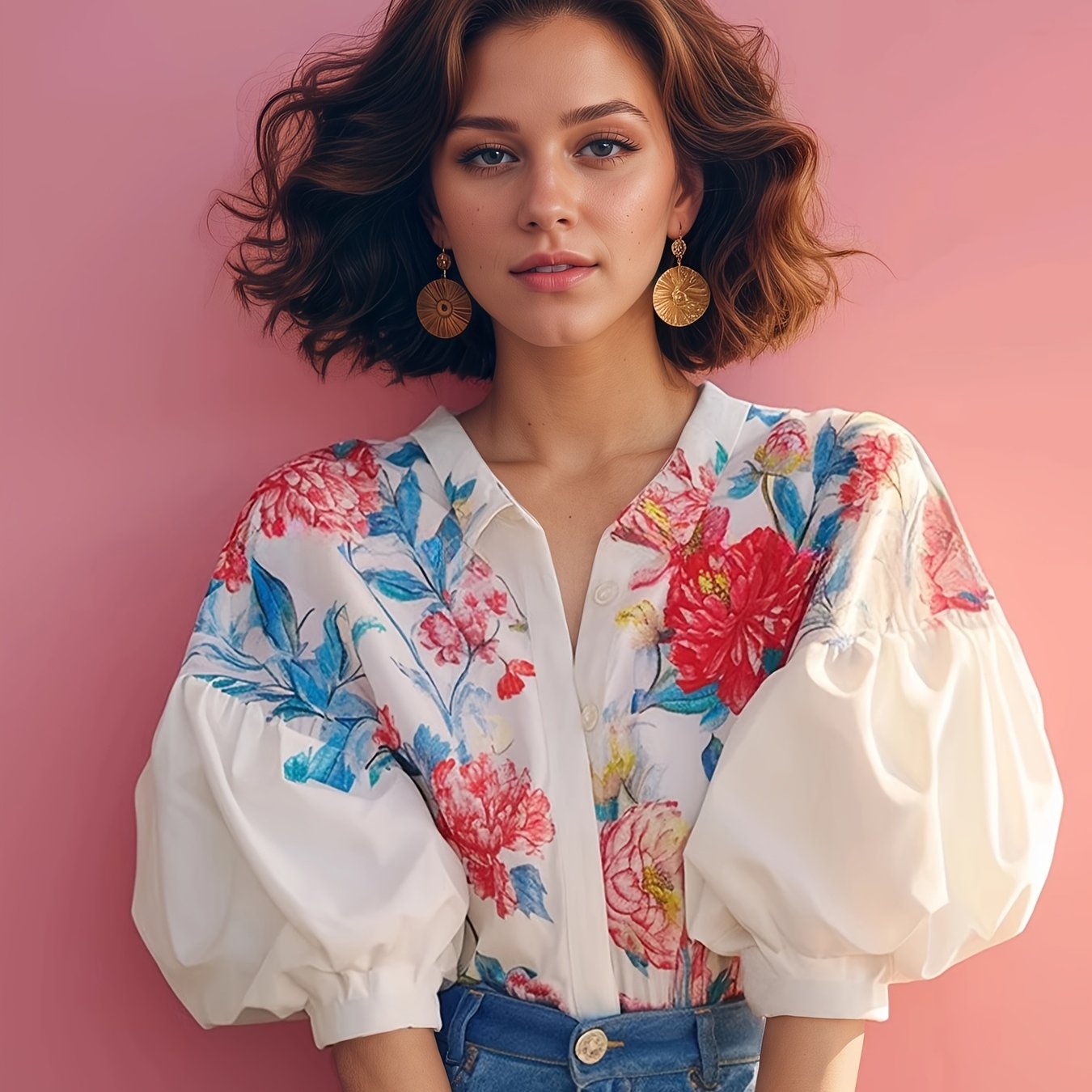 TEMU Blouse à Manches Bouffantes Style Français Imprimé Floral pour Femme, Nouveau Hiver 2026 Haut à Manches Courtes Unique et , Vêtement Élégant et