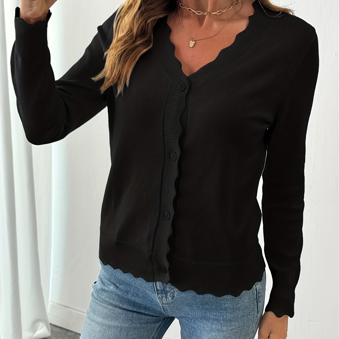 Image of Women's Long Sleeve V-neck Tie-front Cardigan, Lightweight Fabric, Suitable For Spring/autumn Layering, Seasonal Transition Women's Sweater [note: This Style Runs Small, For Loose Fit]