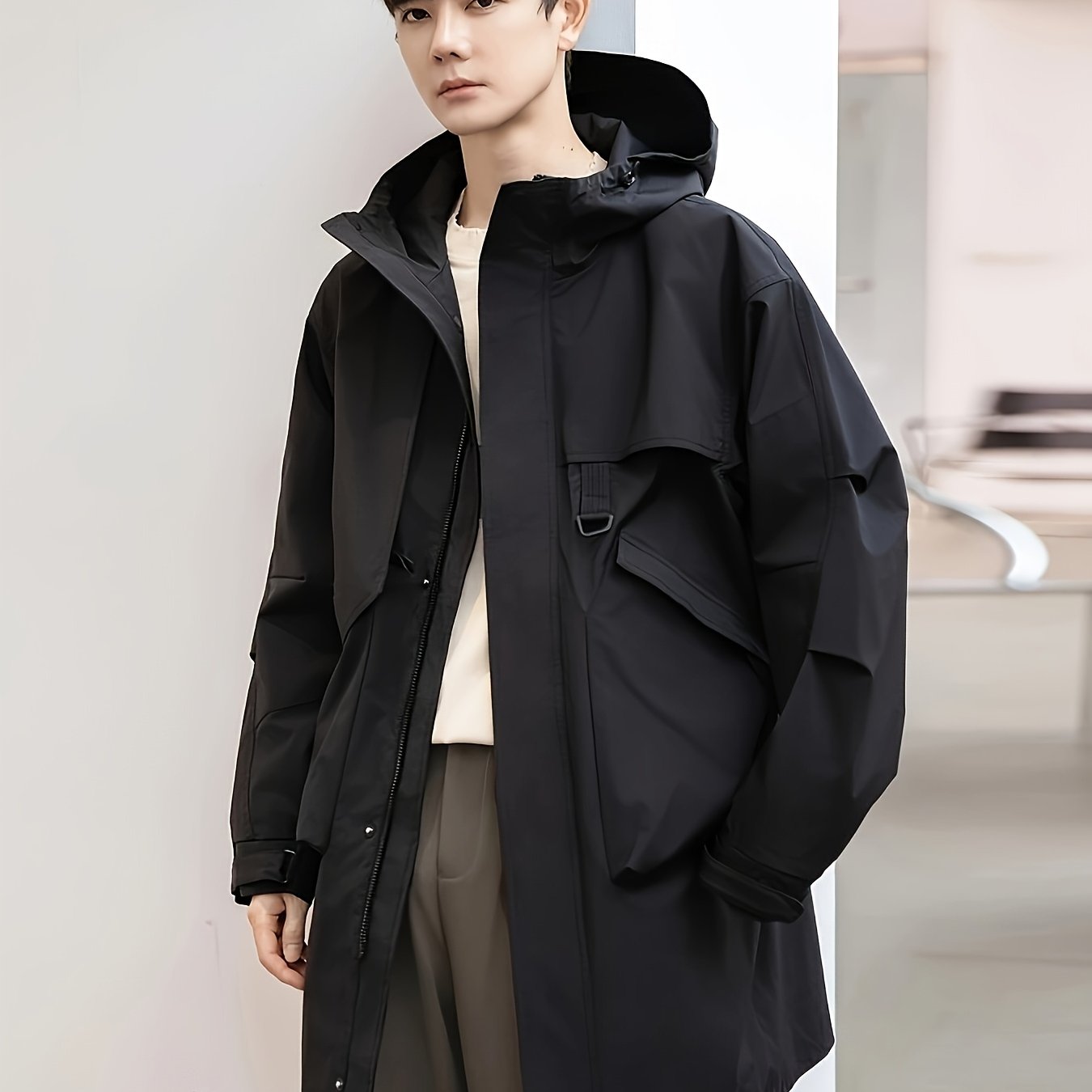 Men's Windbreaker Spring And Autumn 's Coat, Mid-length Hooded High-end Casual Cape Coat