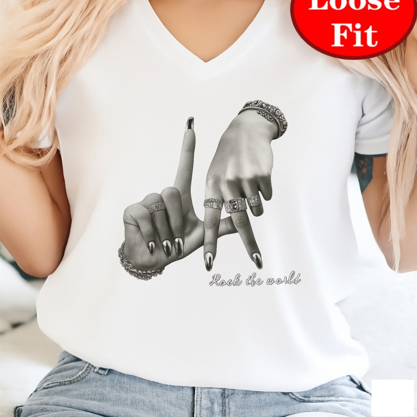 TEMU Rock World, Stylish Ring Print, V-neck Short Sleeve T-shirt, Casual Top For Spring And Summer, Plus Size Women's Clothing