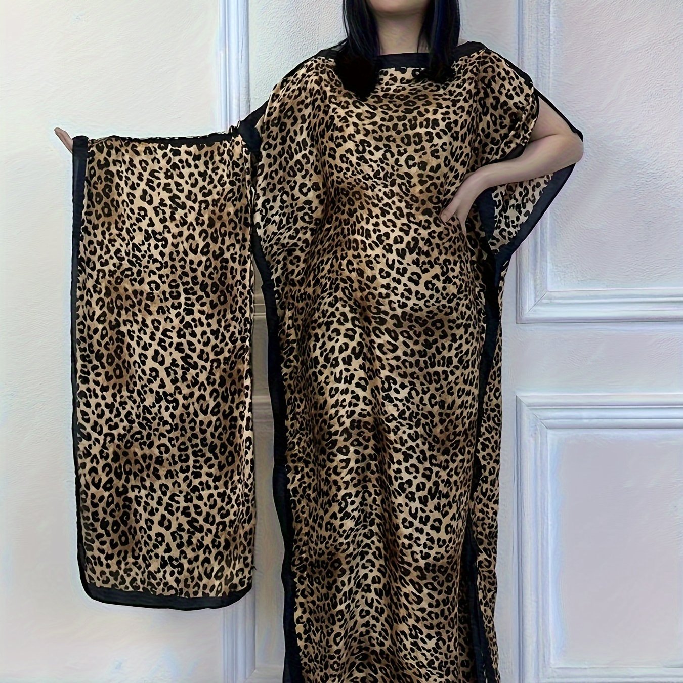 Elegant Leopard Print Kaftan Abaya With Hijab - Modest Batwing Sleeve Maxi Dress For Women, Polyester, Summer Collection
