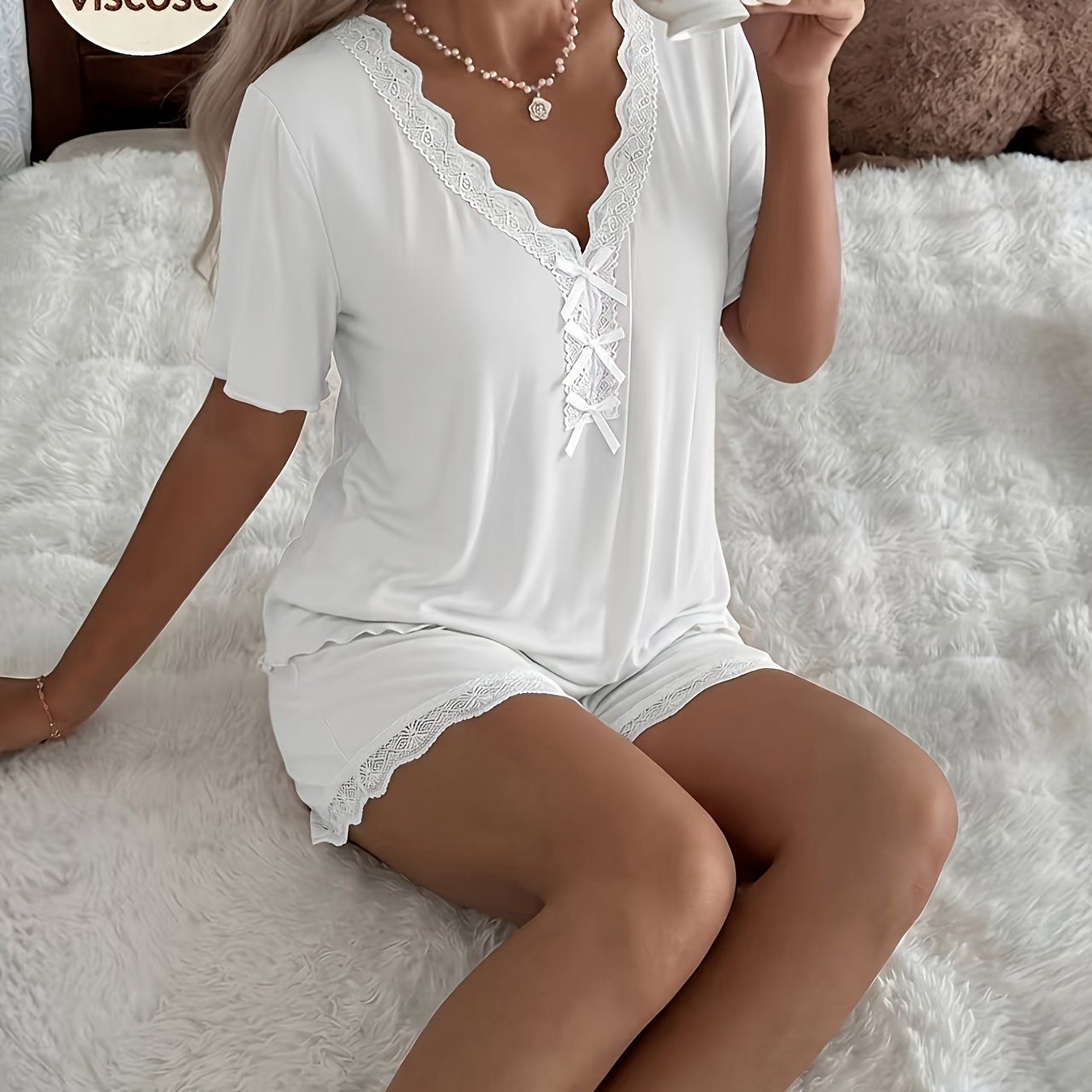 TEMU Completo pigiama da donna in modal con pizzo patchwork, scollo a V, maniche corte, shorts, elastico