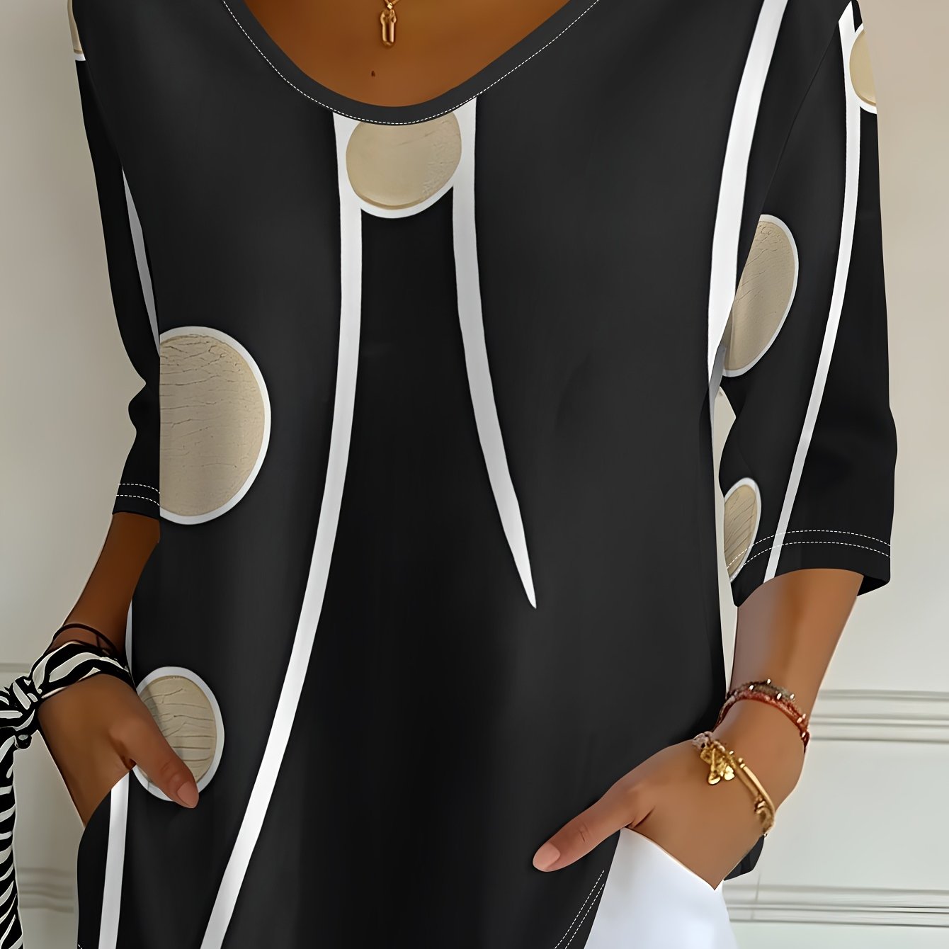 TEMU Women's New Modern Abstract Black Background Khaki Polka Printed V-neck Three-quarter Sleeve T-shirt Spring Autumn Casual Top