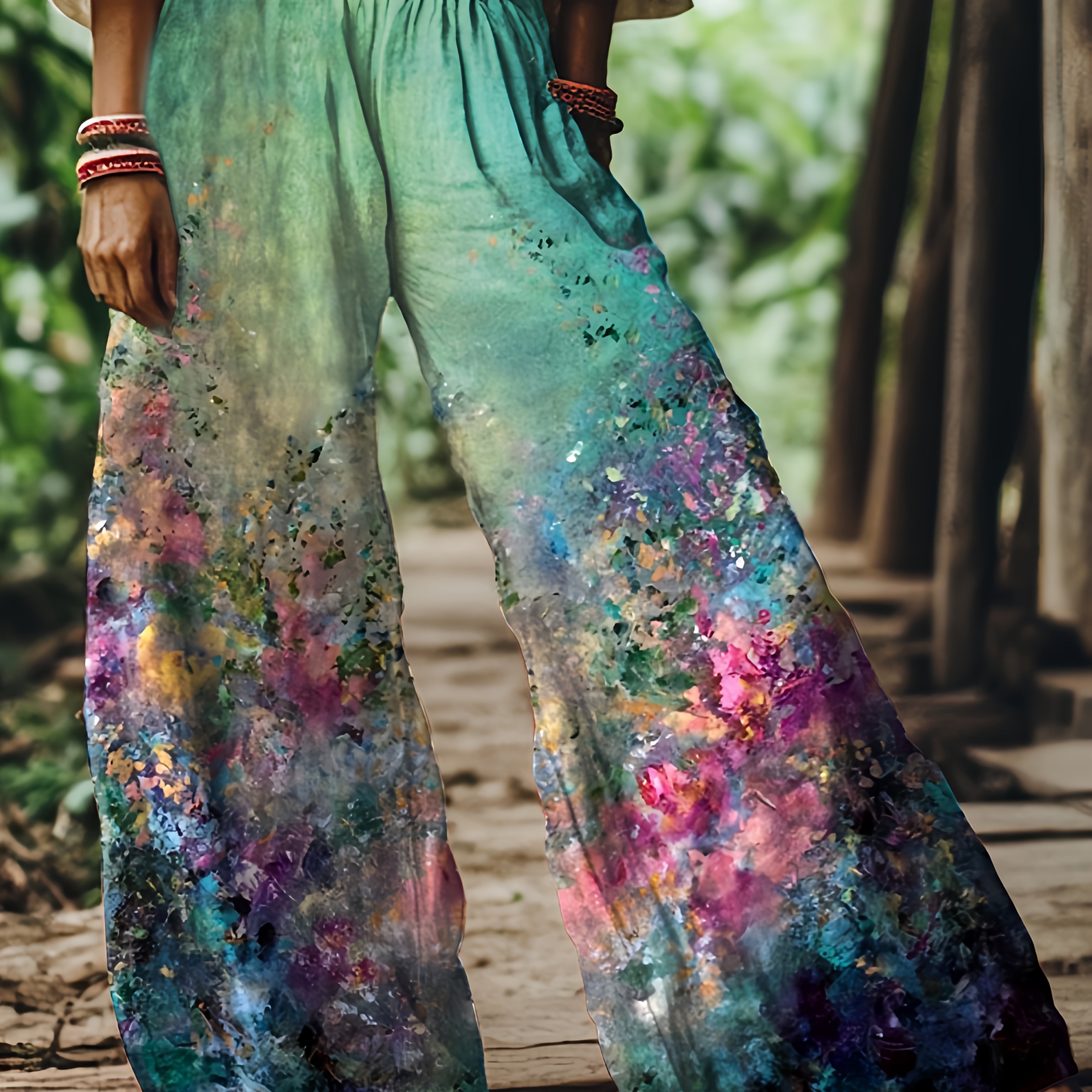 E-shop Damen High-Waist Hosen mit lebhaftem Blumenmuster und weitem Bein / Urlaub / Elegant / Freizeit