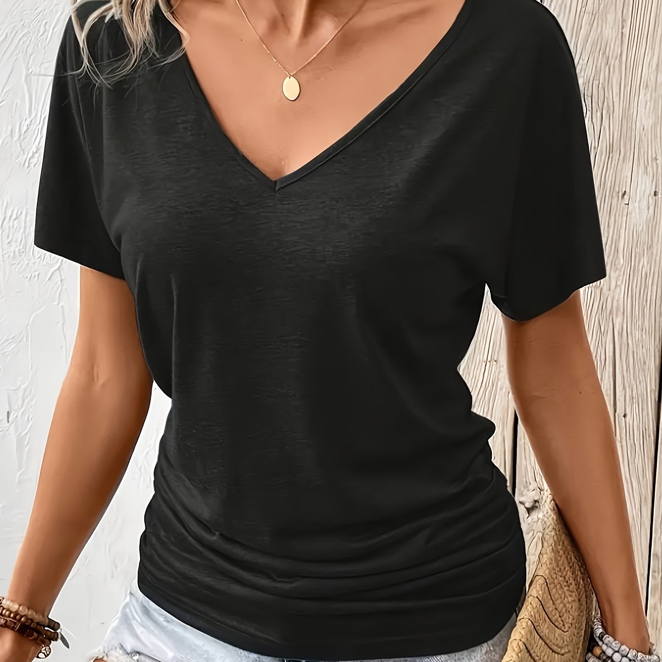 TEMU Women's Fashion Outdoor Casual, S Yoga, V-neck Shrink-fit Hem T-shirt