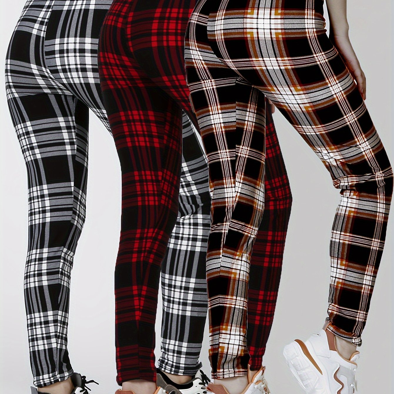 3-pack Western Casual Elegant Leggings Women'-soft Skinny Pants Black White Checkered Ankle Pants And High-elasticity Leggings