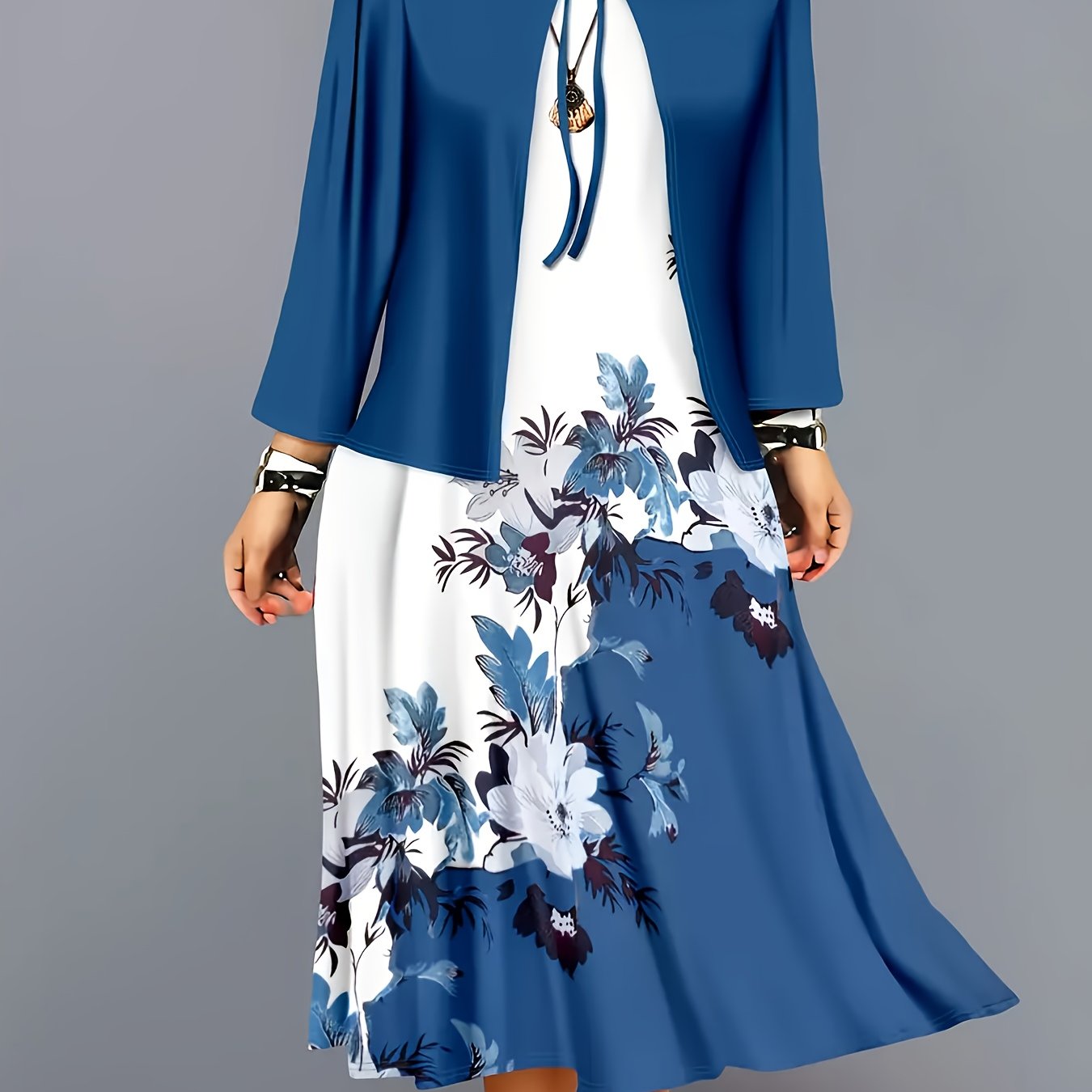 TEMU Elegant Dress Set, Floral Print Fashionable Vacation Outerwear Jacket Vest Maxi Dress Set, Spring/autumn Comfortable Regular Fit Casual Set