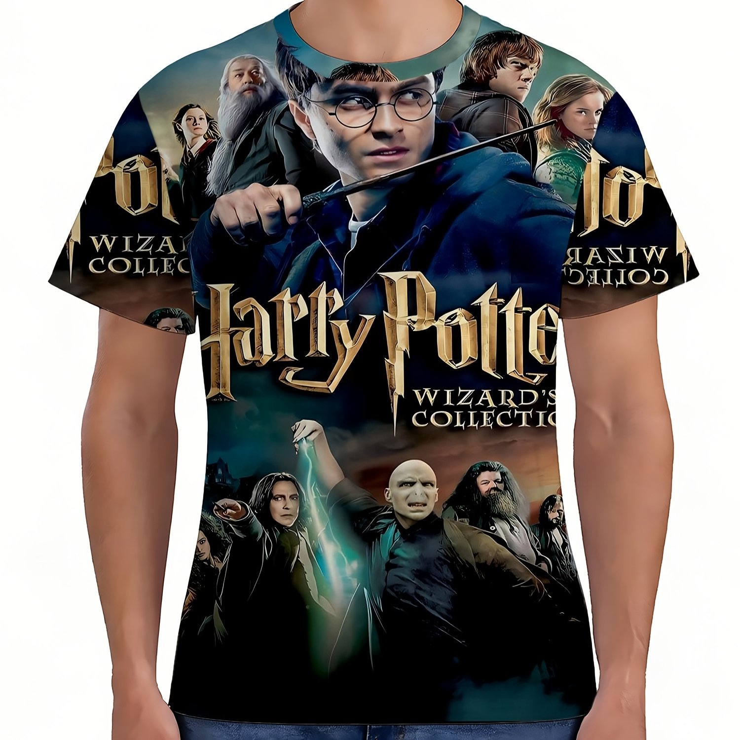TEMU . 1pc Men's 3d Printed Short-sleeve Harry Potter Character Magic-themed Poster Breathable Summer Top, Machine Washable Cute Pattern T-shirt,