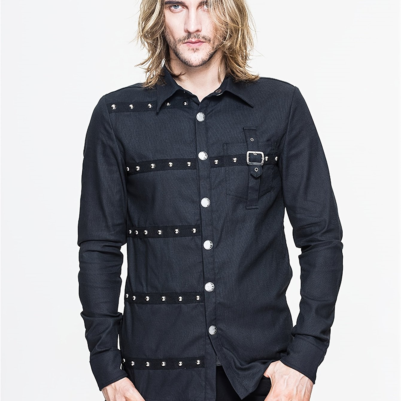 Image of Men's Gothic Rivet-studded Long Sleeve Shirt - Edgy Maroon Polyester, Button-up With Chest Straps, Machine Washable For Nightlife & Casual Wear