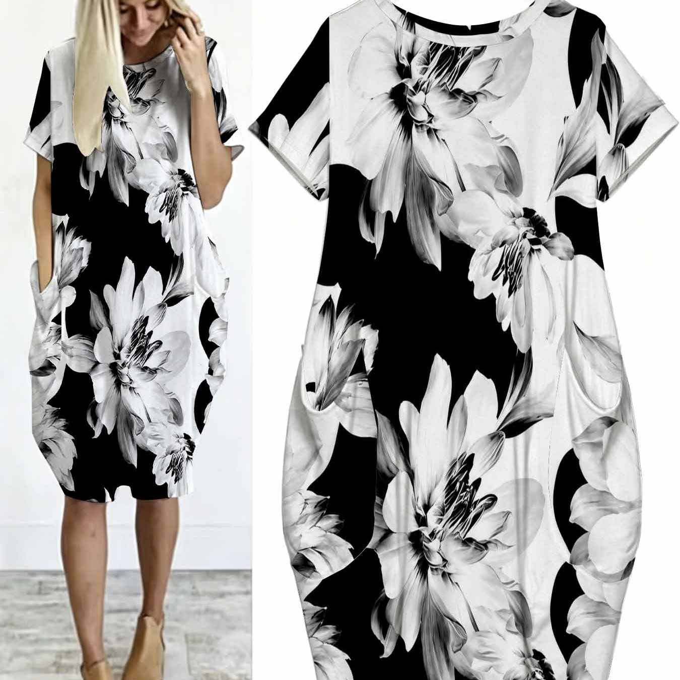 Image of Plus Size Floral Flower Print Tunic Dress. Women's Short Sleeve Round Neck Casual Loose Fabric Midi Dress With Pockets. Loose Monochrome Elegant Boho Dress