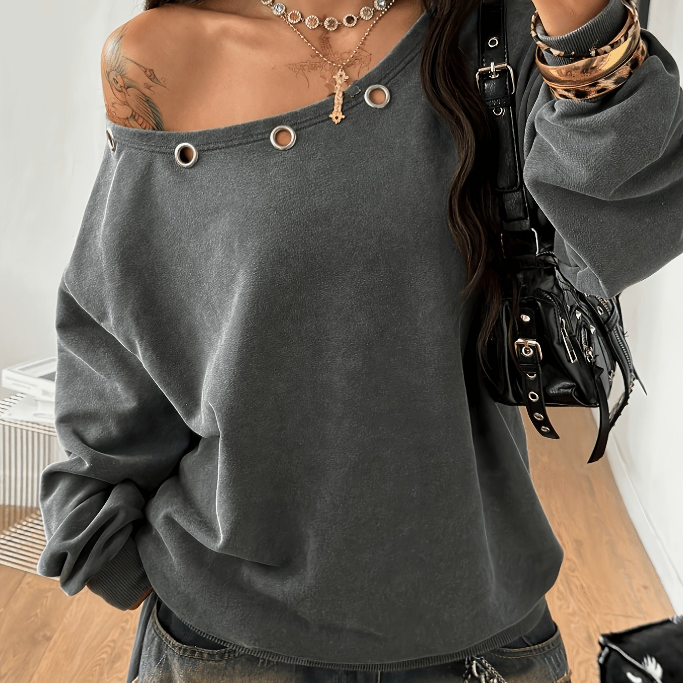 TEMU Haut d'épaule dénudée Y2K automne/hiver à cranchois à couche d'air. Sweat-shirt à manches longues et coupe décontractée