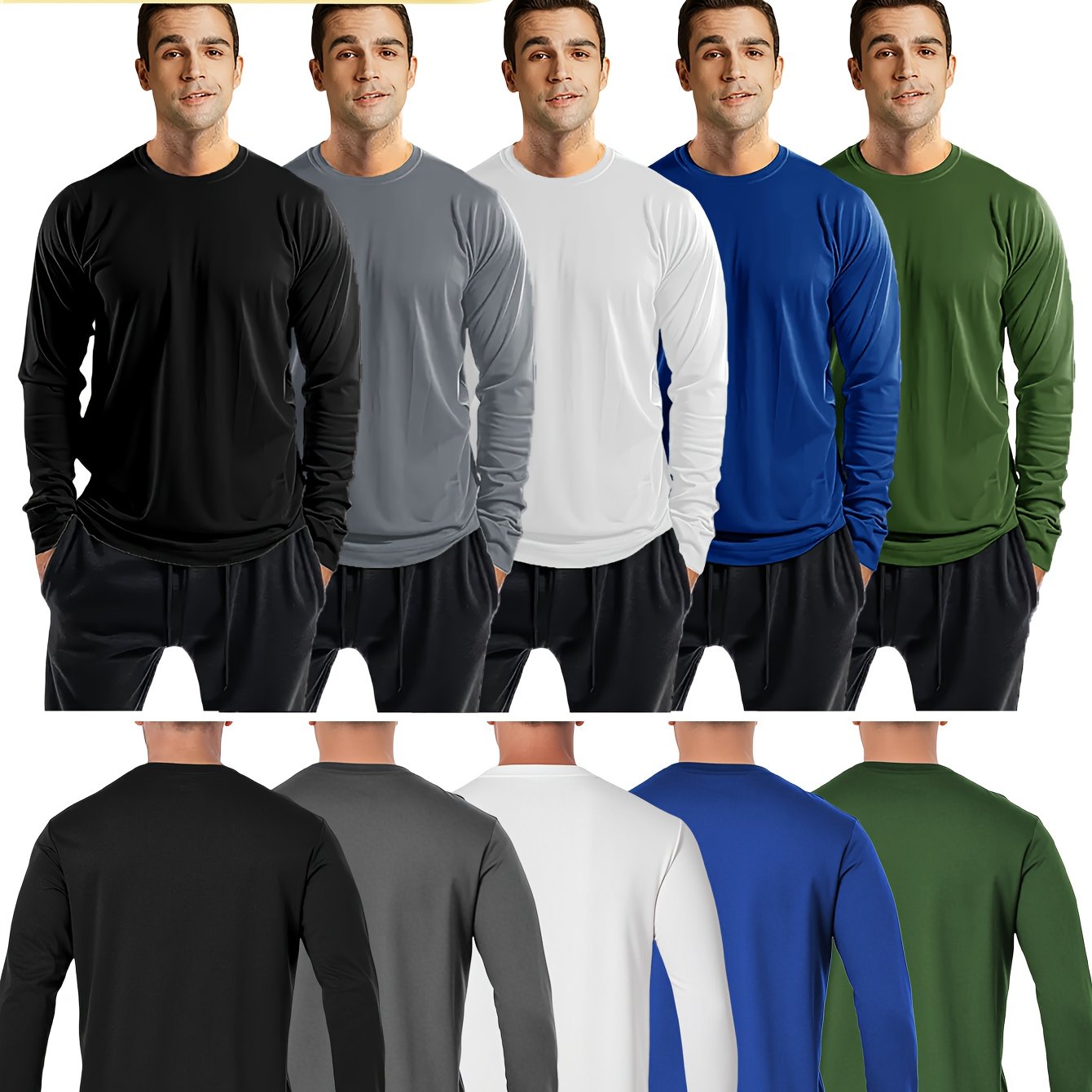 TEMU 5pcs Men' Color Round Neck Quick Drying Mesh Long Sleeve Sports Top, Breathable Comfortable Basic Pullover, Men's Warm Top Suitable For Gym