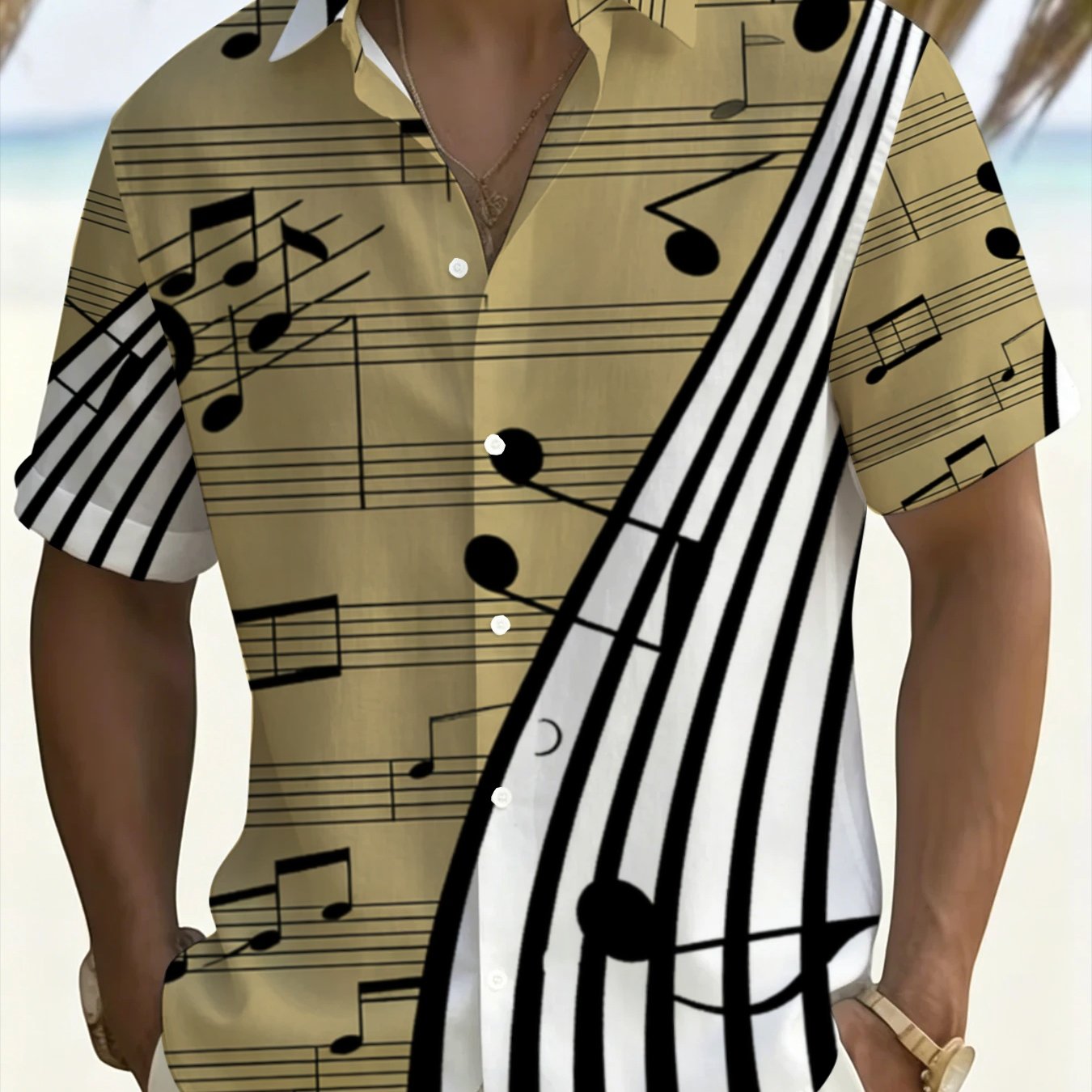 TEMU Musical Note Print Plus Size Short Sleeve Shirt, Men's Summer Casual Beach Shirt With Staff , Plus Size