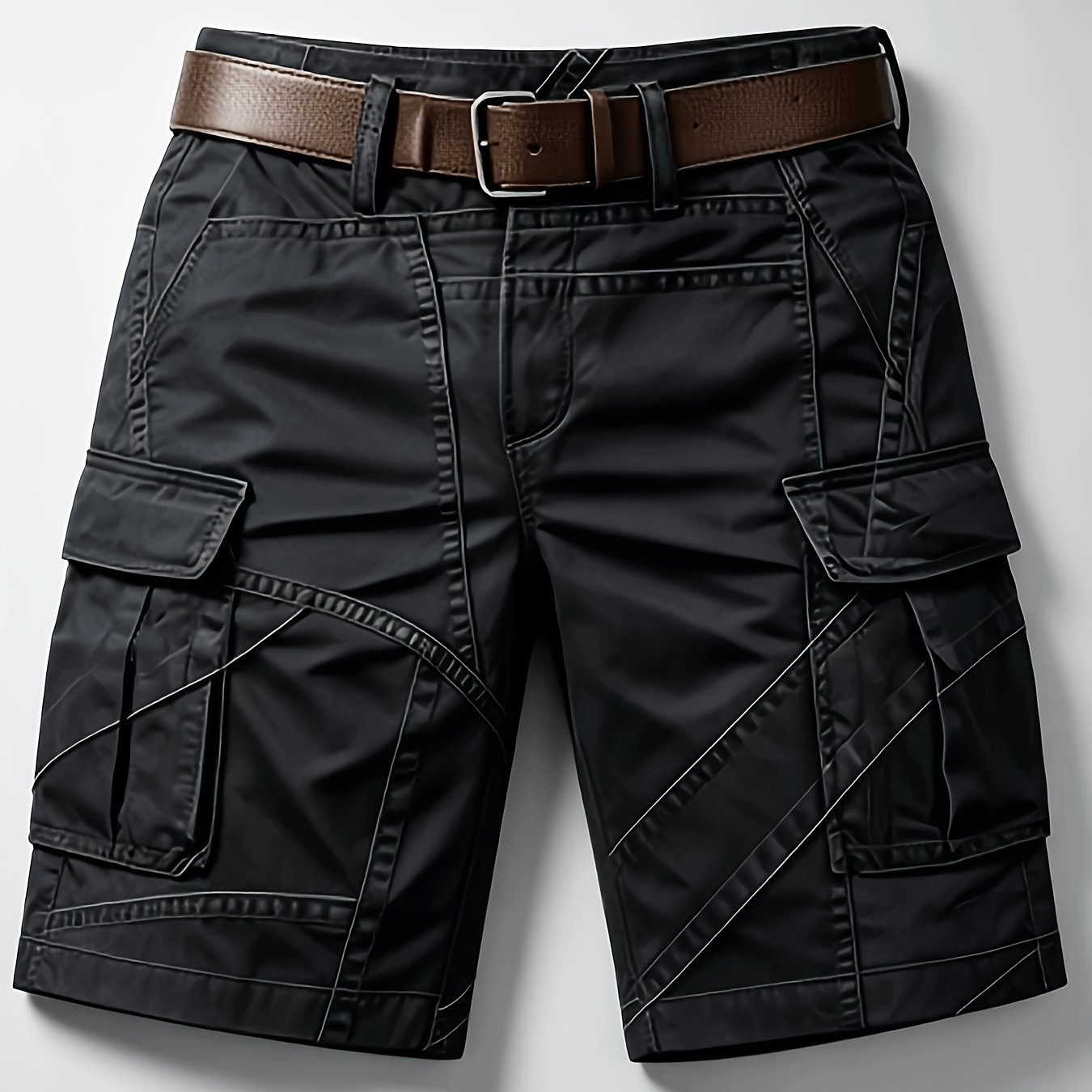 Image of 1pc Men Black Contrast Zipper Pocket Cargo Shorts, Resistant Summer Casual Short Pants, Multi Pocket Utility Shorts For Outdoor Street Daily Vacation, Belt Not Included