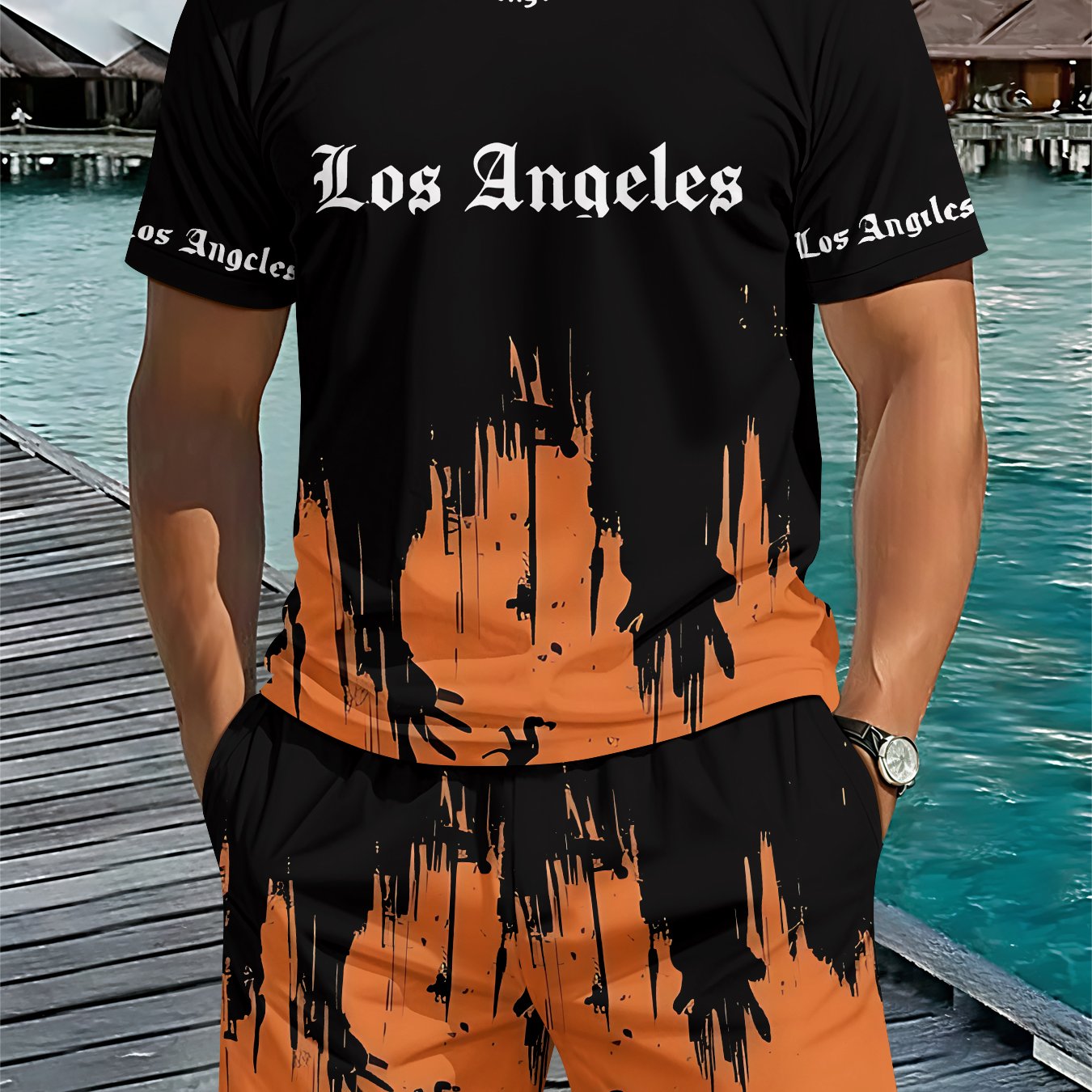 TEMU Men's 3d Digital Printing Crew Neck Short-sleeve And Shorts Set, Brand, Letter Color-block 2pcs Set, Essential Outfit For Trendy Men, Street