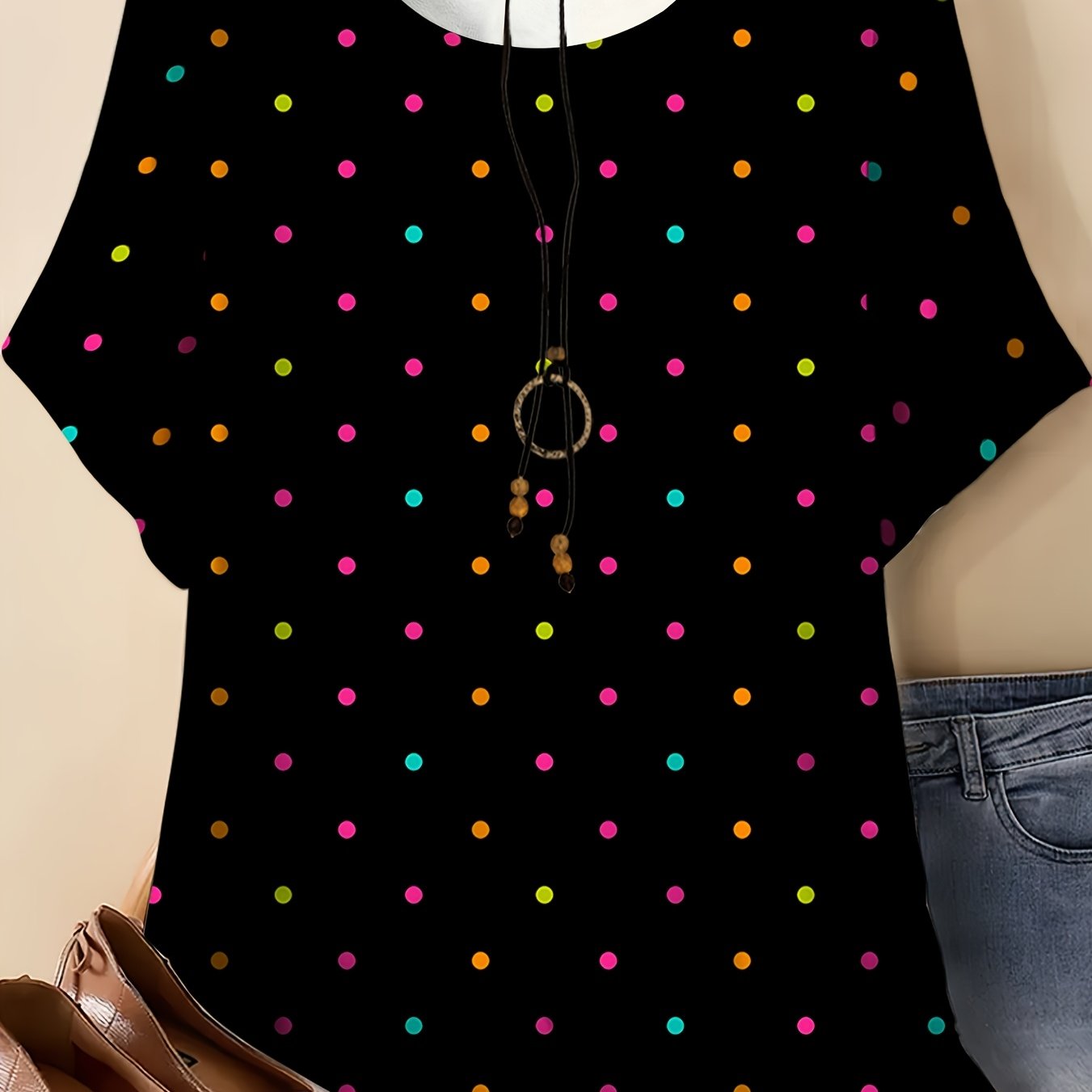 TEMU Black Polka Dot Short Sleeve Top, Women's Loose Round Neck T-shirt, Multicolor Casual Blouse