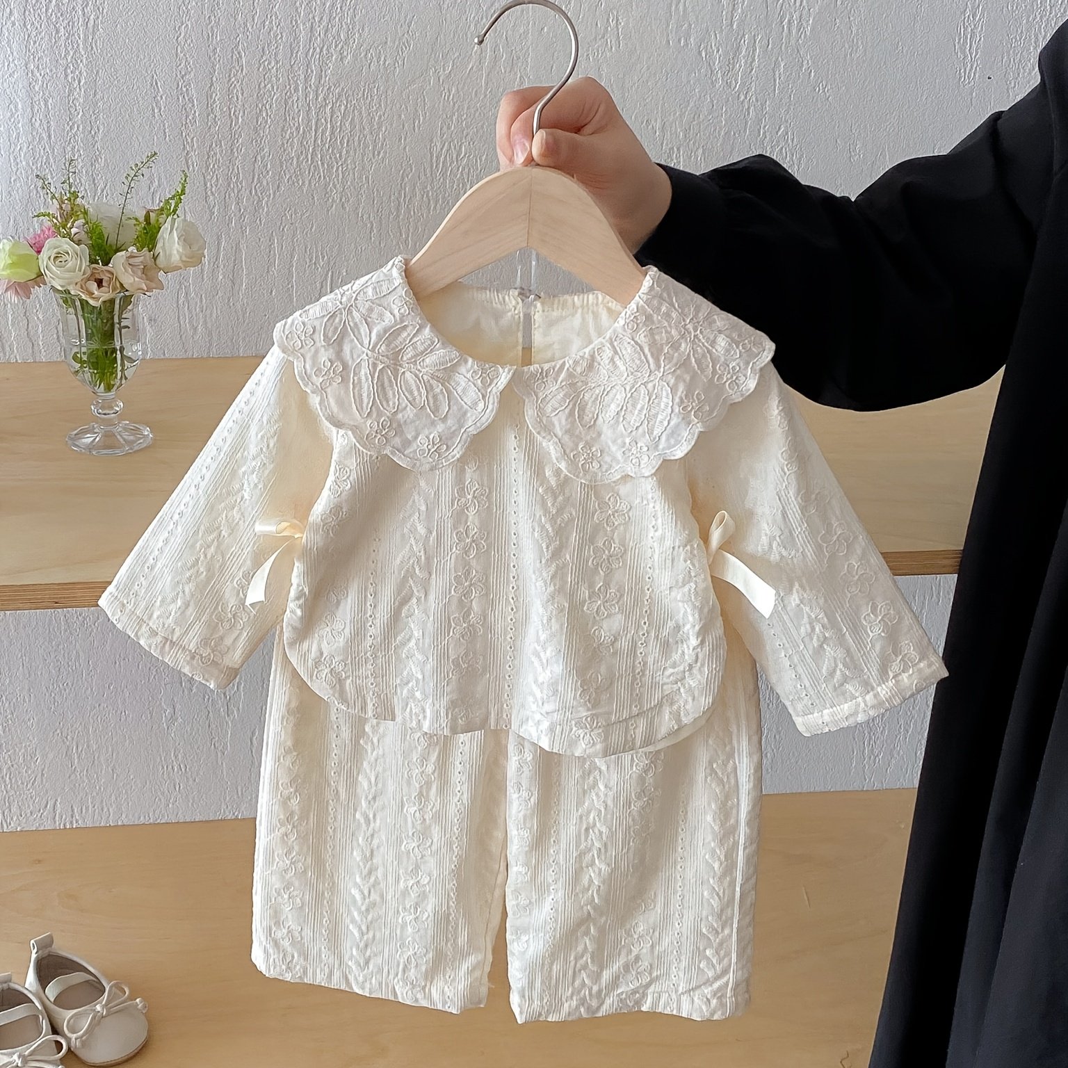 Image of Autumn And Spring Girls' Long-sleeved Suit, Lapel Bow Solid Color Shirt + Trousers, Baby Girl Fashion Suit, For Outdoor