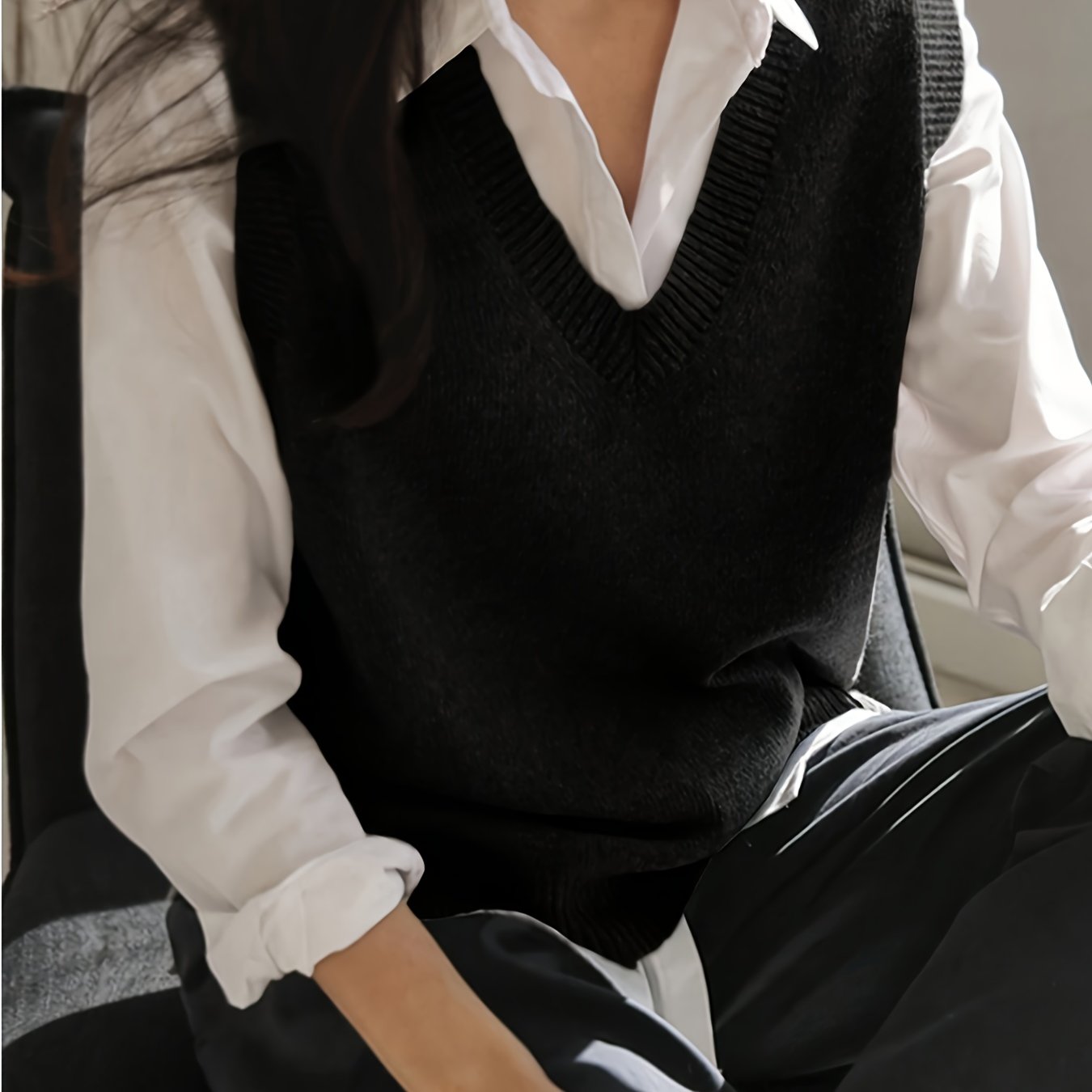 TEMU Gilet pull solide à col en V pour femme chemise