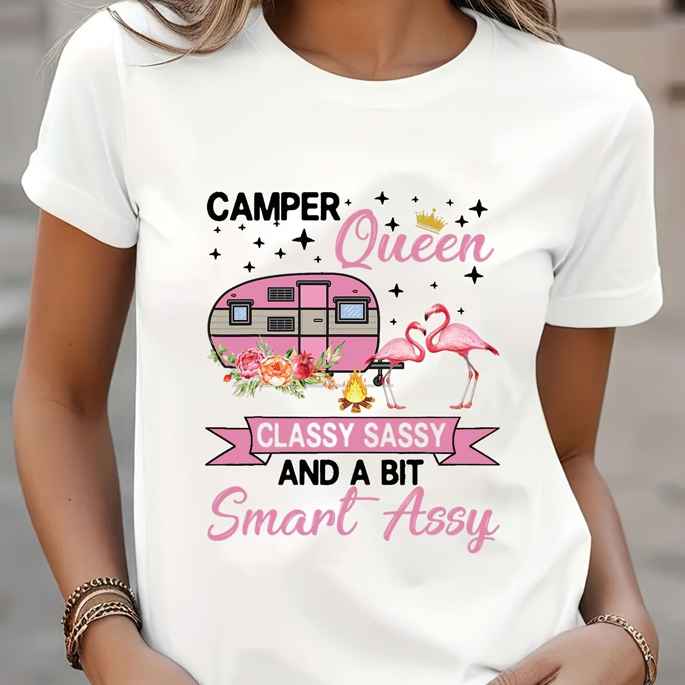 TEMU Casual Round-neck T-shirt For Women With A Camping Enthusiast Print Design