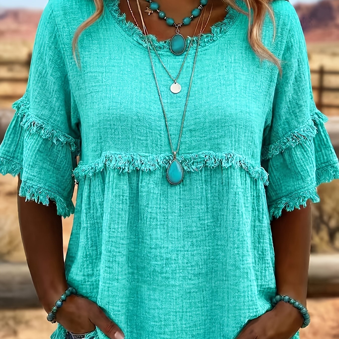 TEMU 2026 New Textured Fringed Vintage Crew Neck Short Sleeve T-shirt, Fashionable Women's Shirt Top