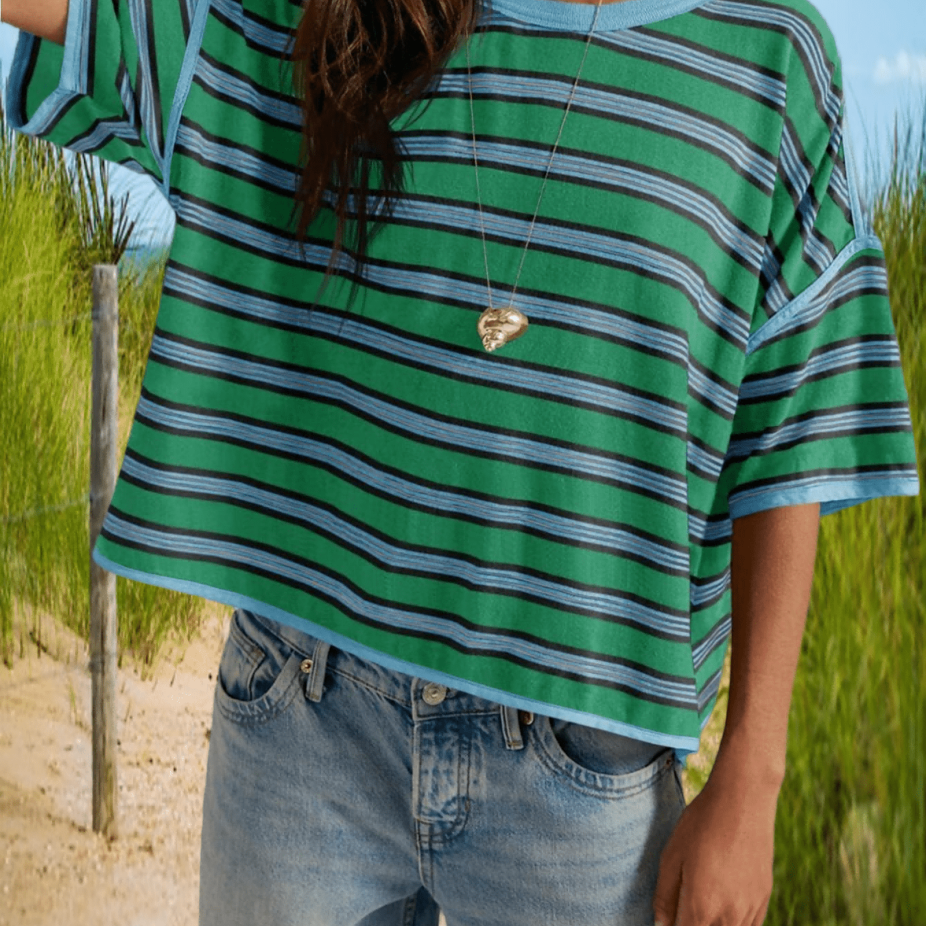 Image of Casual Oversized Striped T-shirts For Women, Featuring Color Block Designs And Short Sleeves With A Drop Shoulder Style