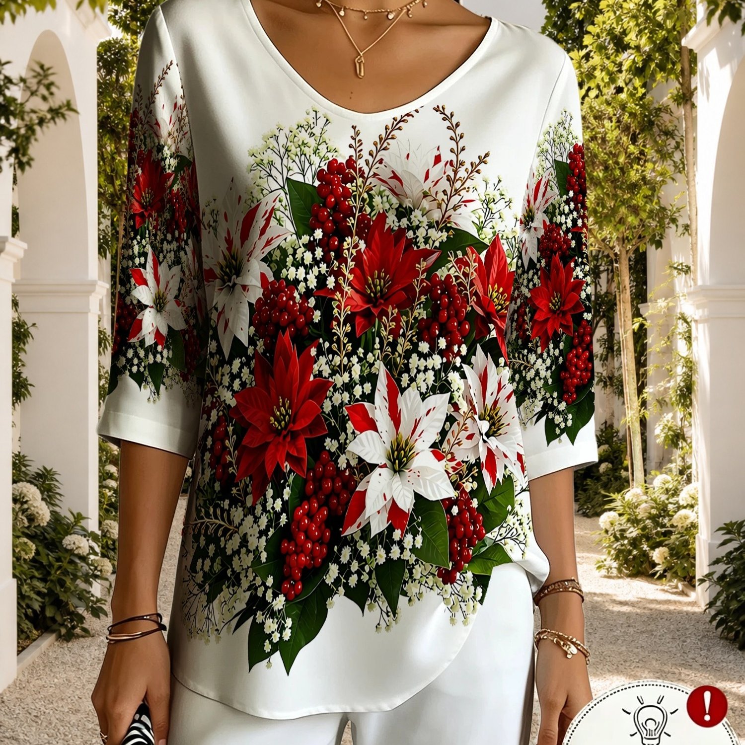 TEMU Printed Design - Not Textured Women's V-neck 3/4 Sleeve Top, Christmas Berry Floral Print, Festive Atmosphere Wear