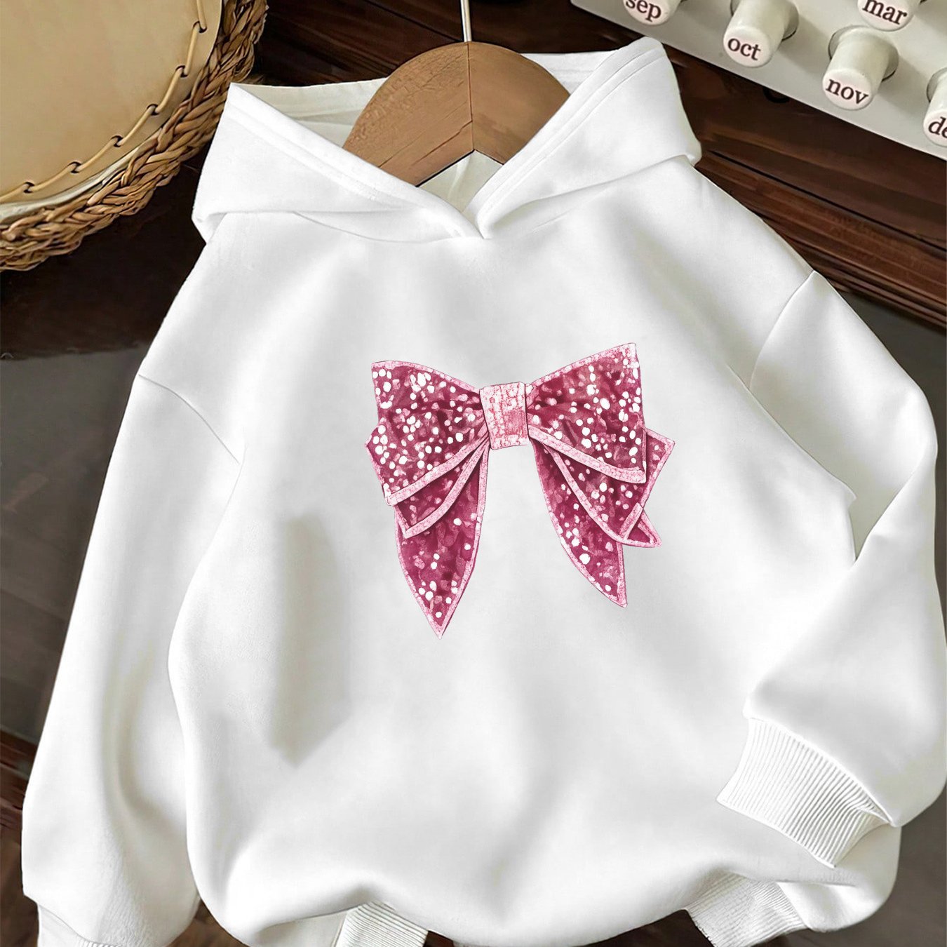 Image of Autumn Winter Girls' Long Sleeve Hooded Sweatshirt With Pink Sequin Bow Print, Sweet And Cute, Loose Casual Sporty Jacket