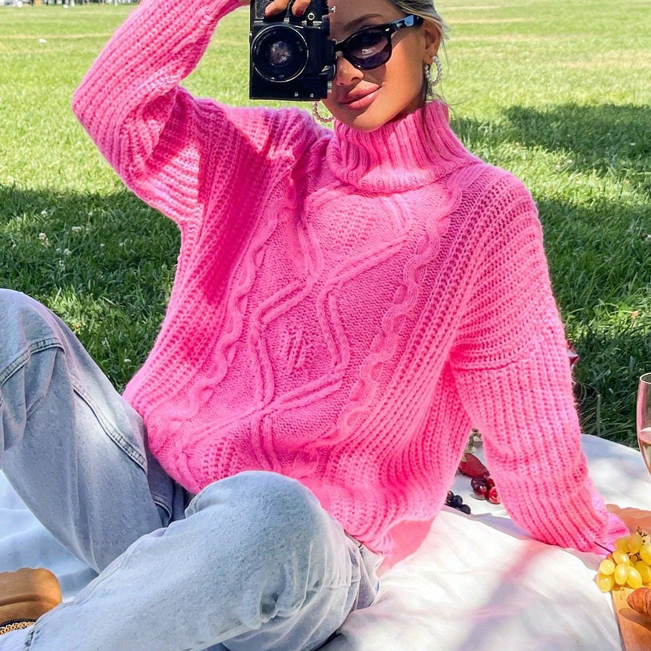 Solid Color Sweater, Casual High Neck Long Sleeve Sweater For Fall Winter, Women's Clothing (ytd)