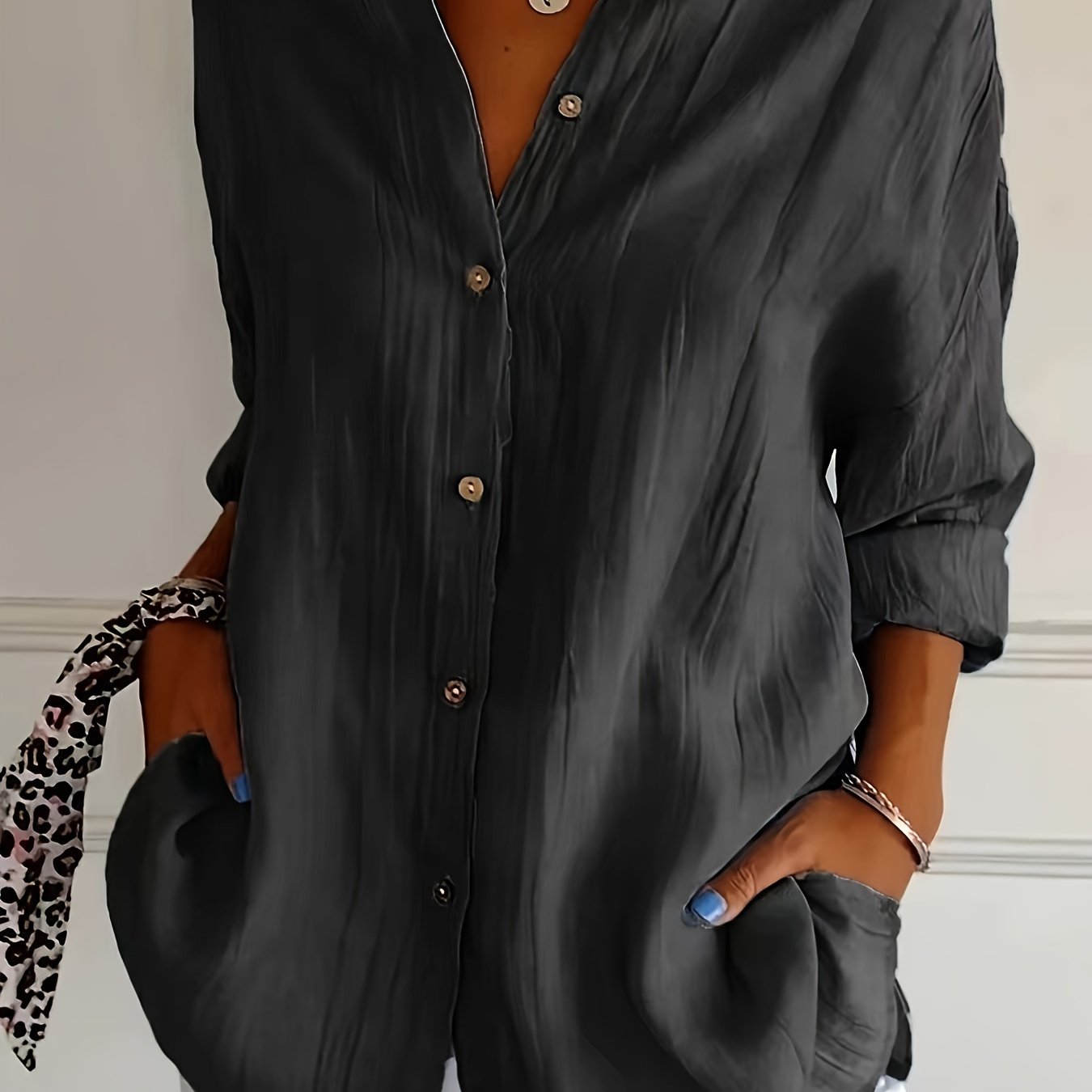 Women's Casual Button-up Shirt With Chest Pockets & Rolled Cuff Sleeves - Lightweight 110gsm Polyester, Machine Washable, Spring Summer Fall Versatile Top