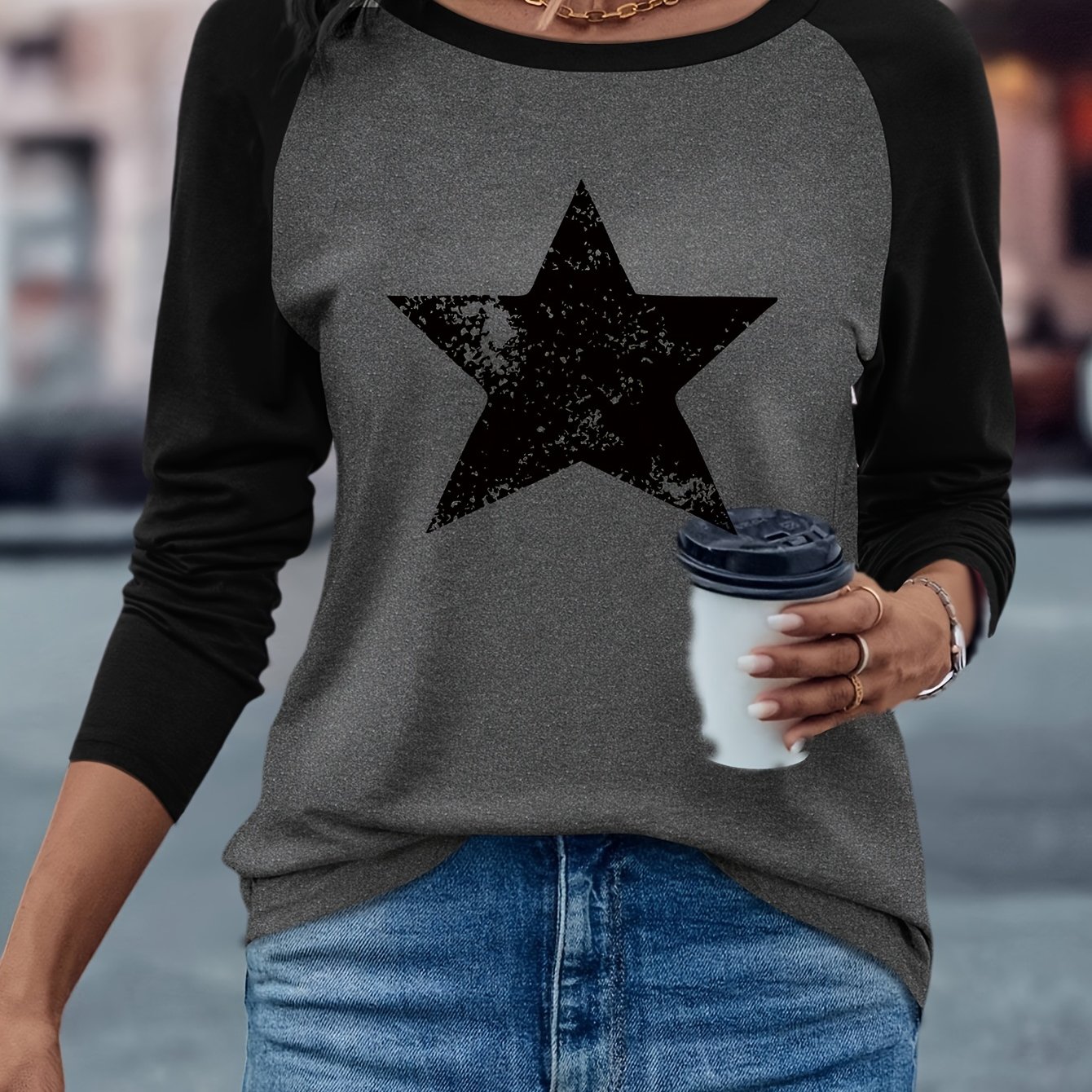 E-shop Geometrisches Muster Sternenmuster Schlichtes Langarmshirt