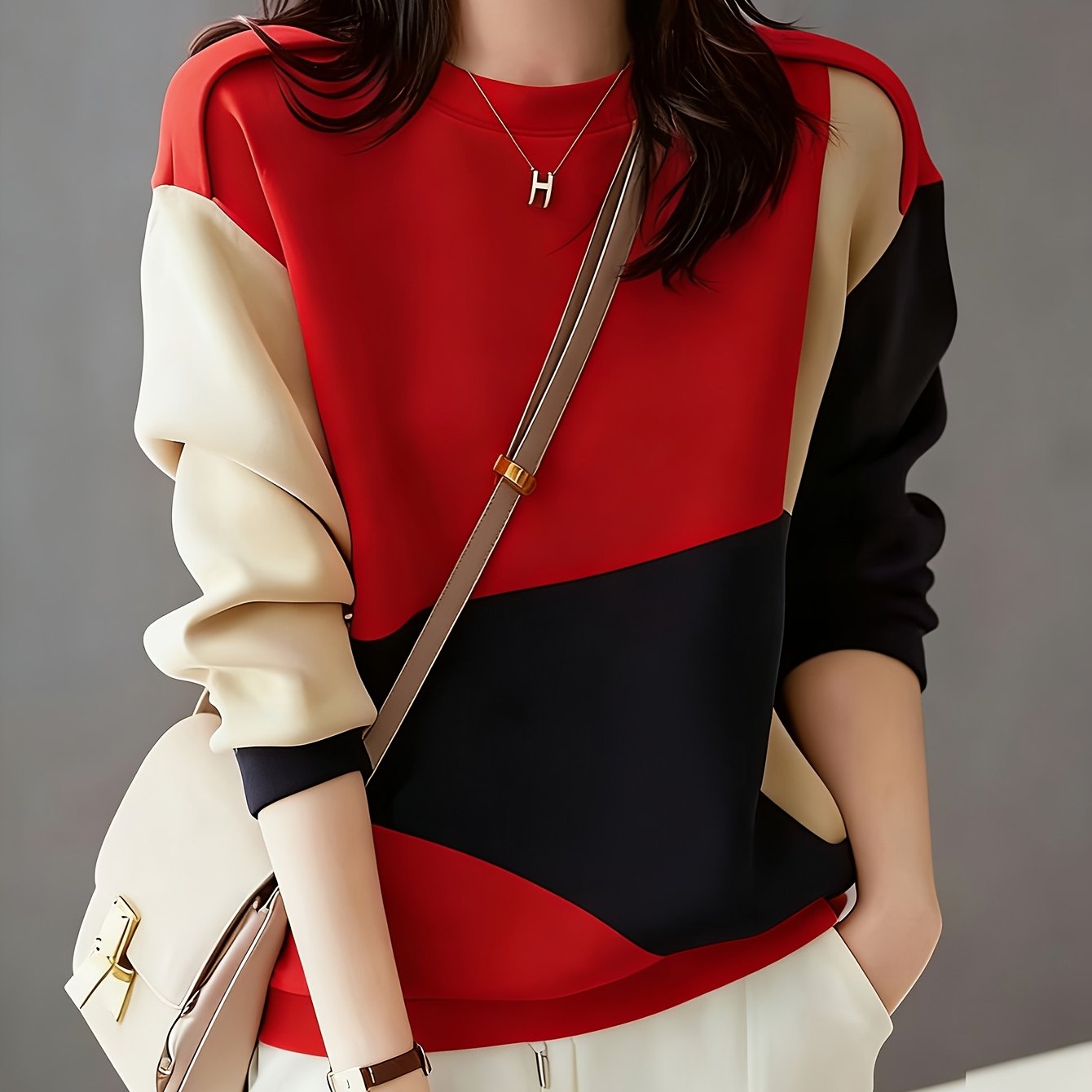 TEMU Fall Winter Women's -block Artistic Geometric Split Daily Casual Sweatshirt