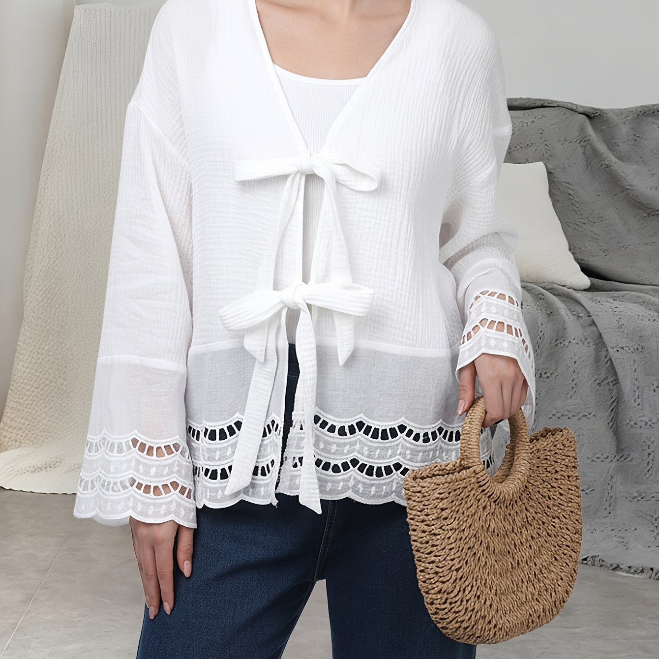 Image of Plus Size - Plus Size - Loose-fitting V-neck Blouse For Plus-size Women Featuring Lace Trim And Tie Bow, Long-sleeve Casual Cardigan Top, Bohemian Tunic Suitable For Spring, Fall, And Vacation Wear