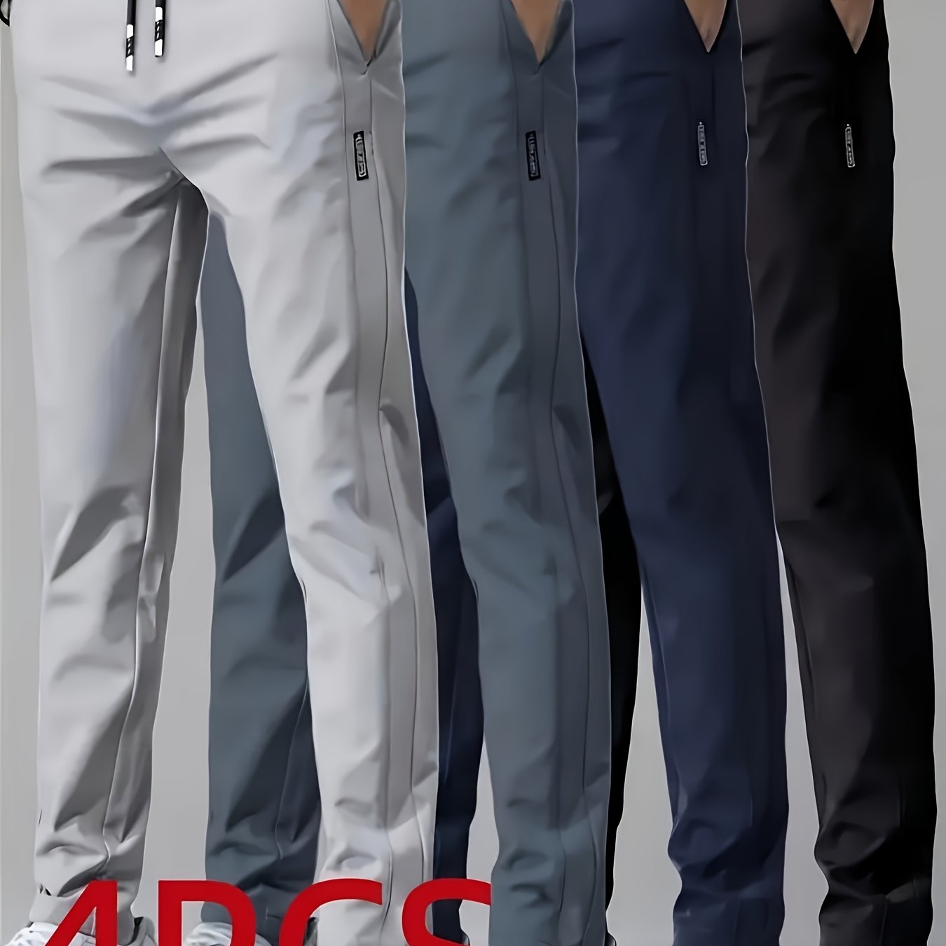 TEMU 4pcs Men's Summer Long Pants Set - Breathable Moisture-wicking Straight Trousers With Elastic Waist And Pockets, Casual Sports Outdoor Pants In