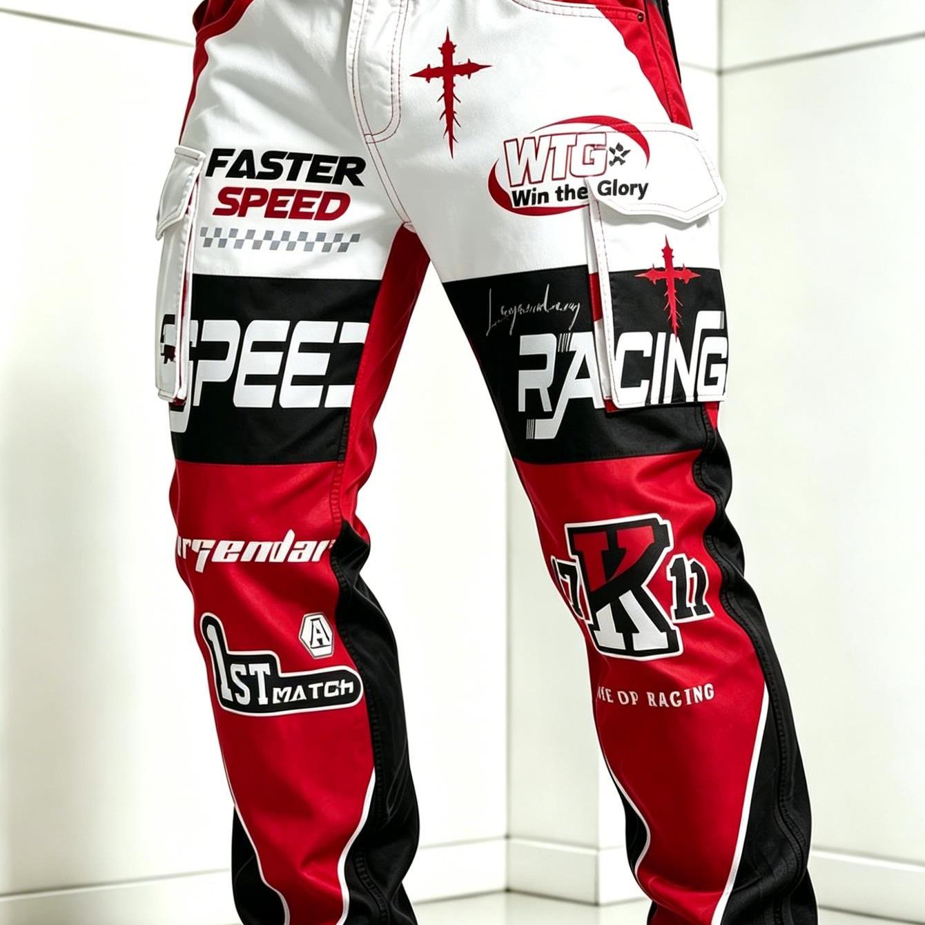 Image of Men's Racing-themed Cargo Pants, Red And Black Contrast Multi-pocket Style Long Pants