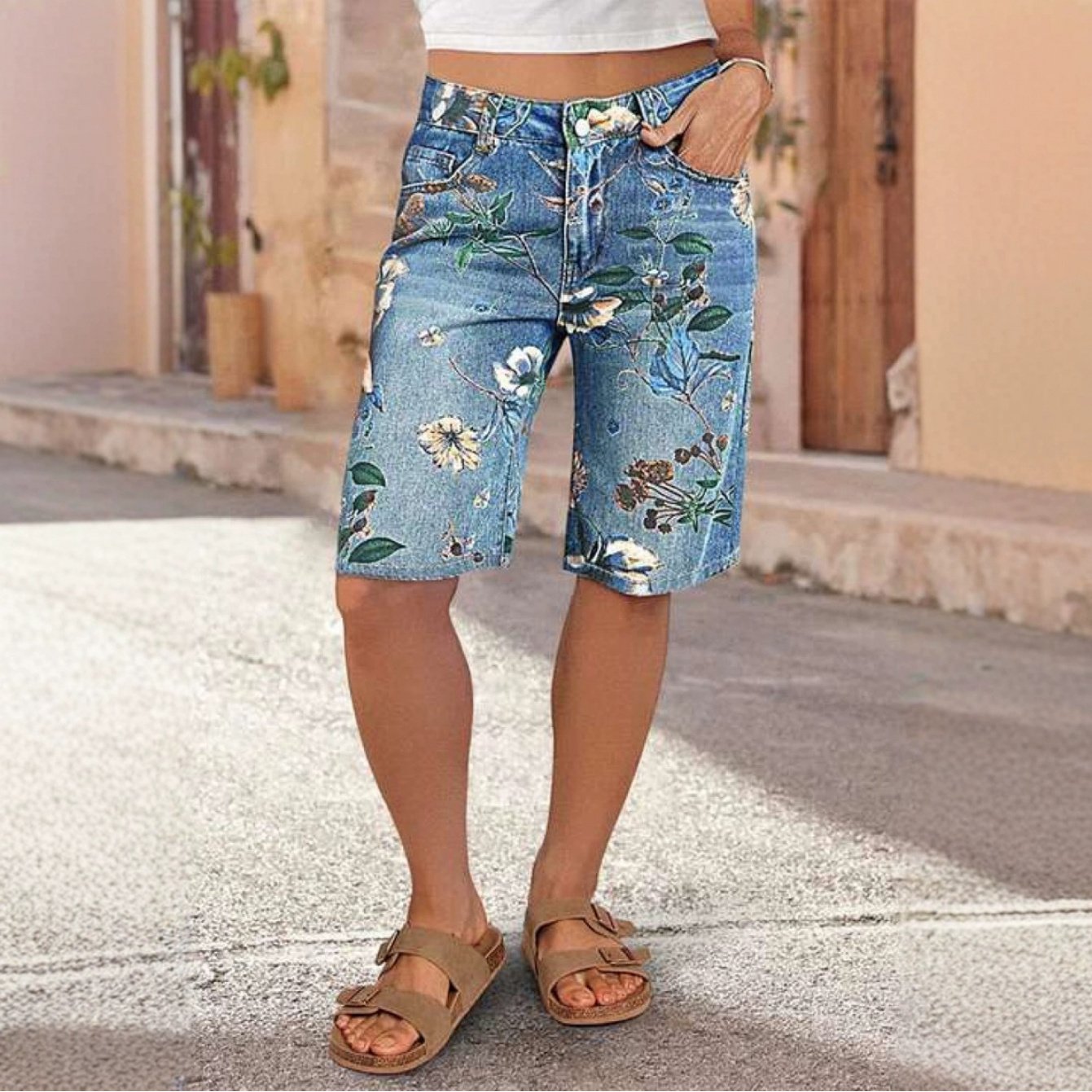 Image of Women's Oversized Printed Denim Shorts, Spring And Autumn Straight Leg Wide Leg Pants, Fashionable And Versatile