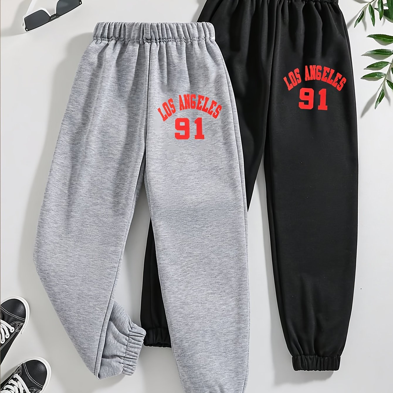 TEMU Dos de pantalones casuales, pantalones Los Ángeles 91 grises y negros, pantalones elásticos para correr al , cintura elástica, puños elásticos