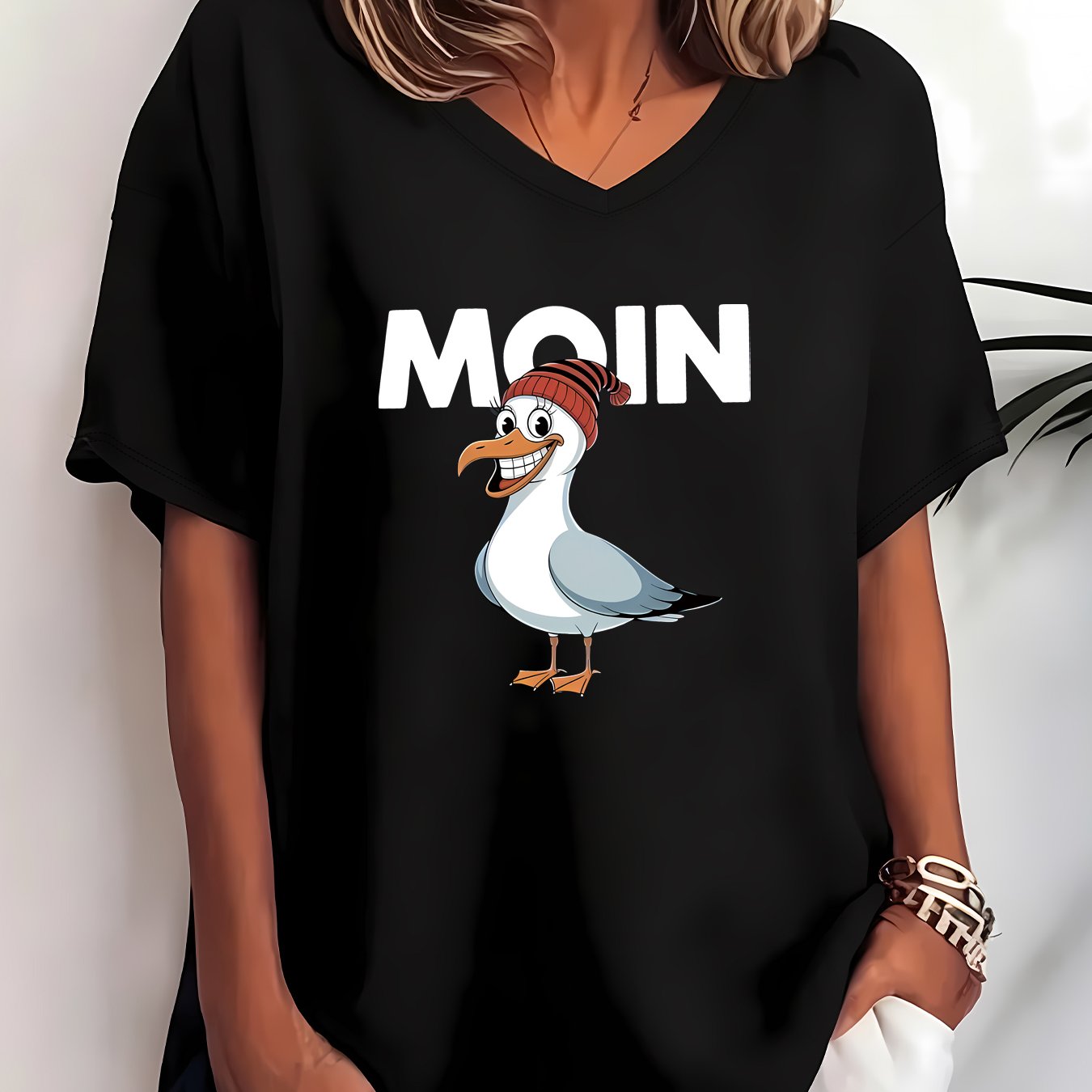 TEMU Plus Size, Moin Seagull Element Hello Northern German Greeting Printed T-shirt, Plus Size 1xl To 8xl Letter Print Graphic Tee, Women's Short