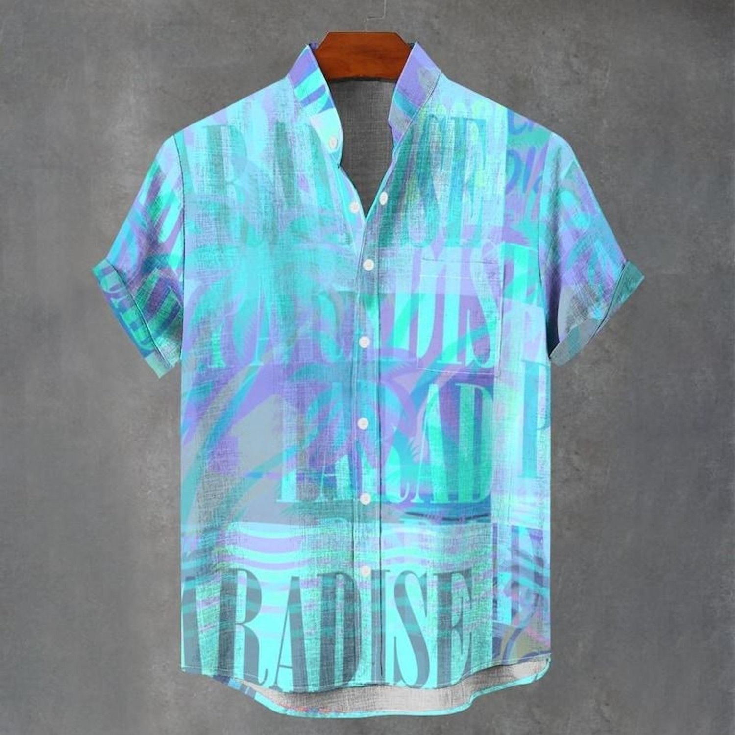 Image of Men's Digital Printed Stand-collar Pocket Shirt, Polyester Fabric, Casual & Comfortable For Daily Wear, Mixed Color, Multiple Sizes, Short-sleeved "paradise" Patterned Shirt With & Collar
