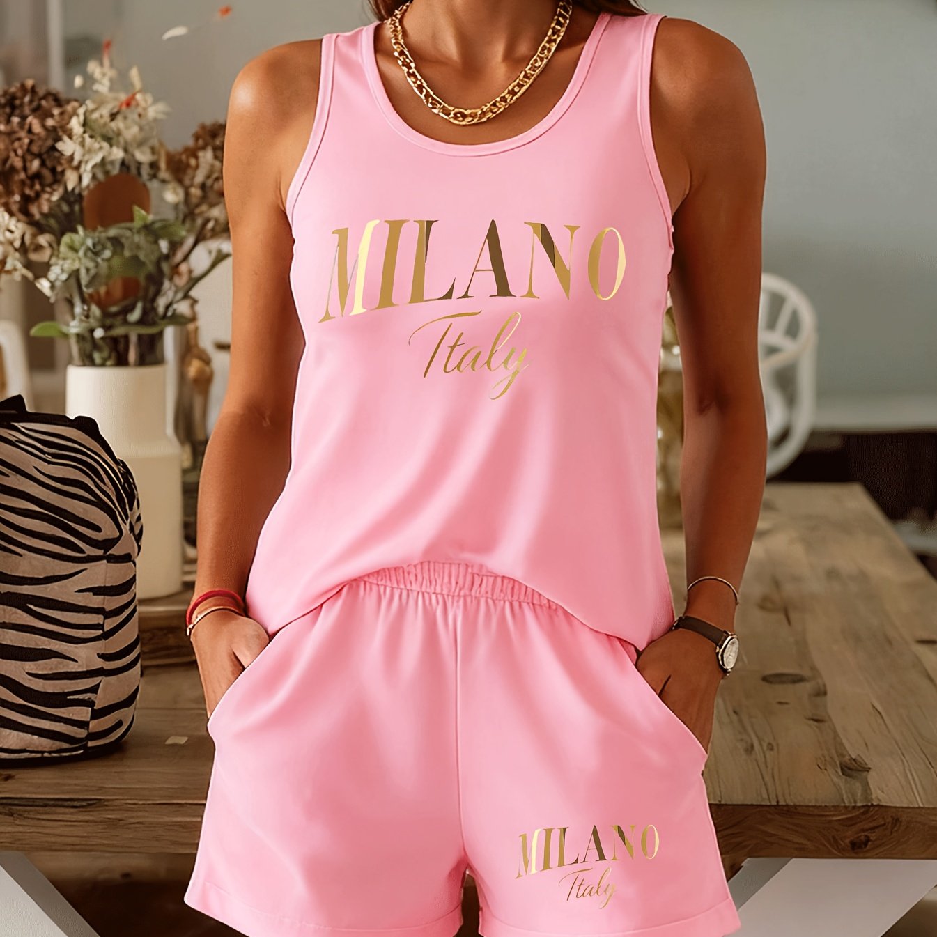TEMU Summer -themed Print Two-piece Set For Women, Italy Light Vest And Shorts Casual Outfit, Comfortable Women's Fashion Apparel - Soft, Breathable,