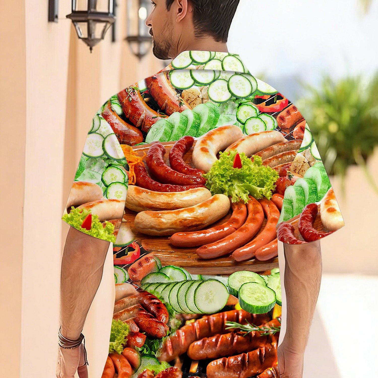TEMU Men's Summer Casual Shirt German Sausage Platter Print Hawaiian Style Short Sleeve Shirt Suitable For Vacation, Beach, Party, Plus Size
