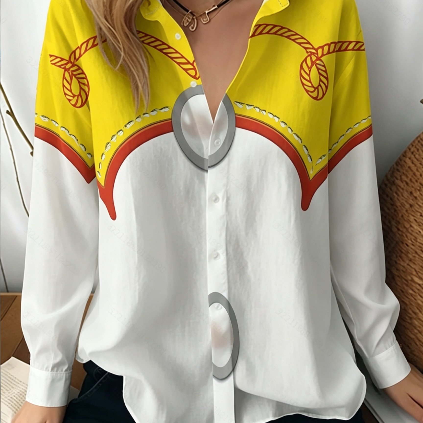 TEMU [printed Design – Not Textured] Vintage Denim Style Knot Ring Pattern Top With Roll-up Sleeves, Lightweight And Breathable Women's Shirt