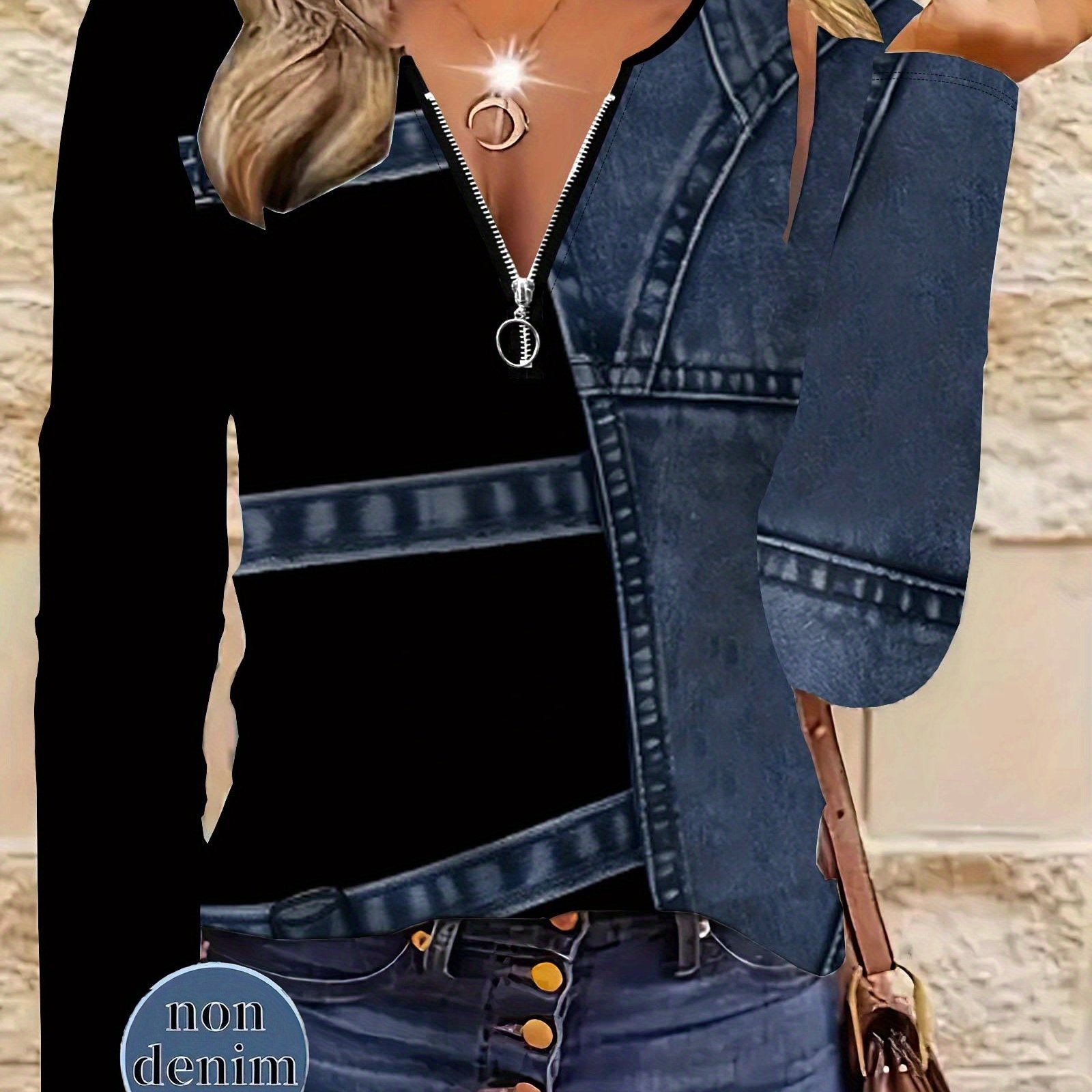 Image of [printed Pants - Not Denim Fabric]women's Fashion Top - Denim Color Block Long Sleeve Top, Zipper V-neck Design, Slim Fit, Unique Style, Suitable For Daily / Party Wear