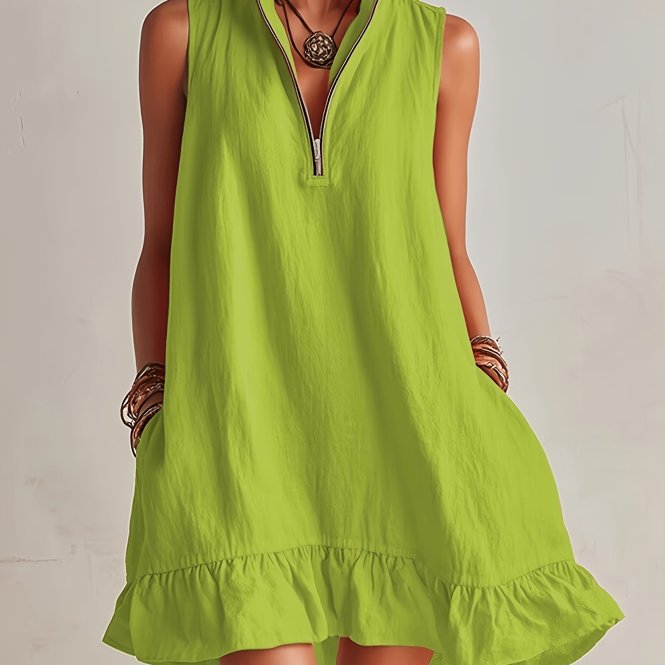 TEMU Robe d'été 2026 manches pour femmes, coupe ample, col montant, fermeture éclair, jupe trapèze à volants, style décontracté , jupe courte